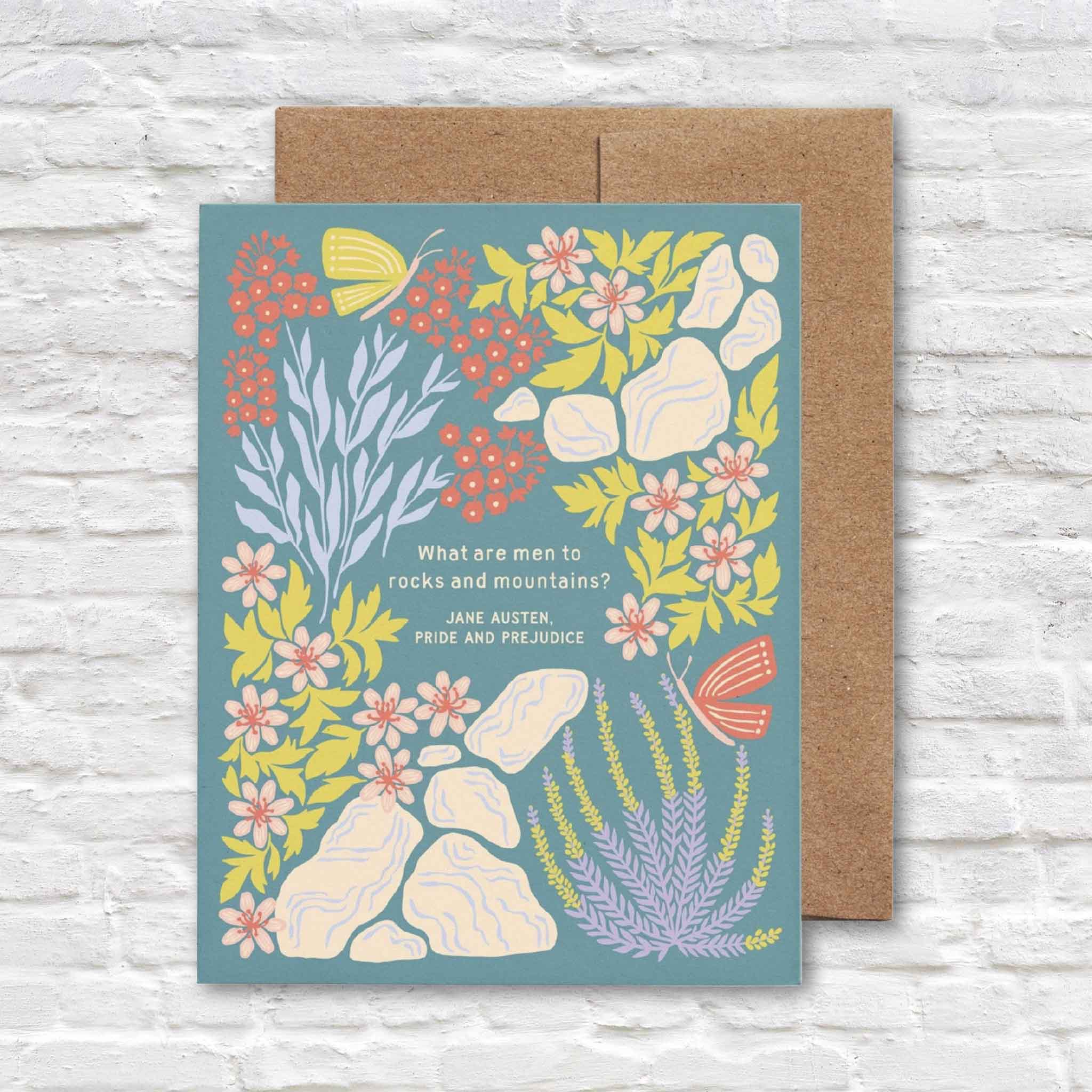 "What Are Men to Rocks and Mountains?" Jane Austen floral greeting card featuring original botanical artwork by Chrissie Van Hoever, available at Gray Man Gallery in Pawleys Island, South Carolina.