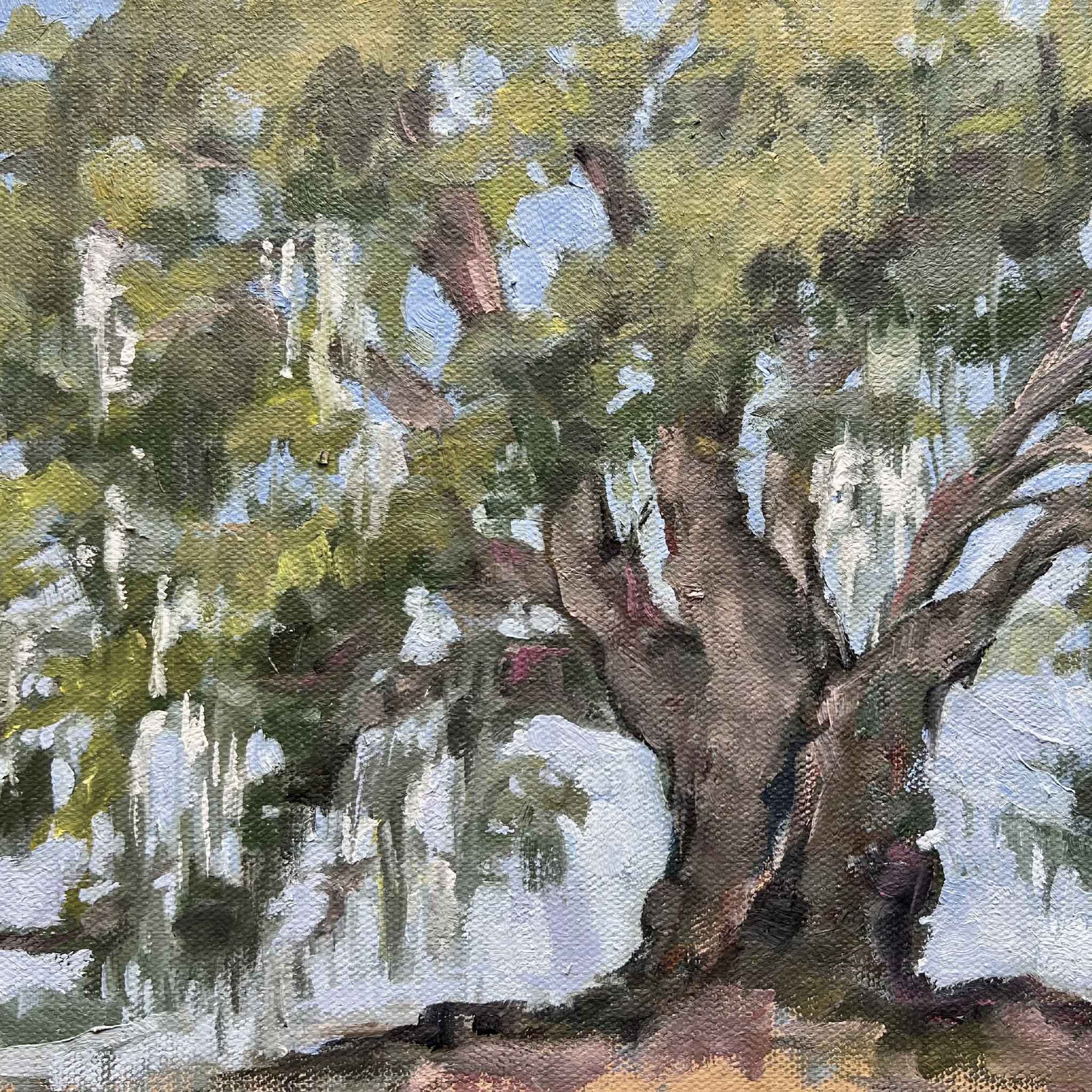 Oil painting of a majestic Lowcountry live oak by artist Jeanne O’Neal, featuring textured brushwork, soft filtered light, and sweeping Spanish moss for her ‘Among the Trees’ collection.