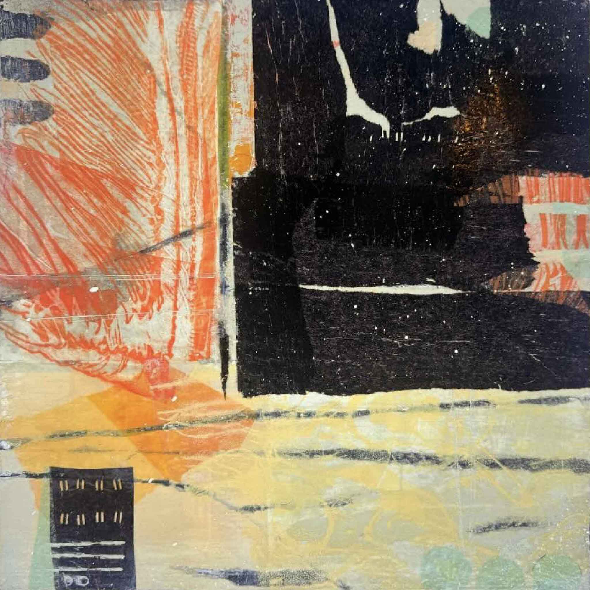 Abstract mixed-media artwork by Laurie McIntosh featuring layered marks, vivid orange textures, deep black forms, and soft neutral tones, used as the cover image for The Residuals collection.