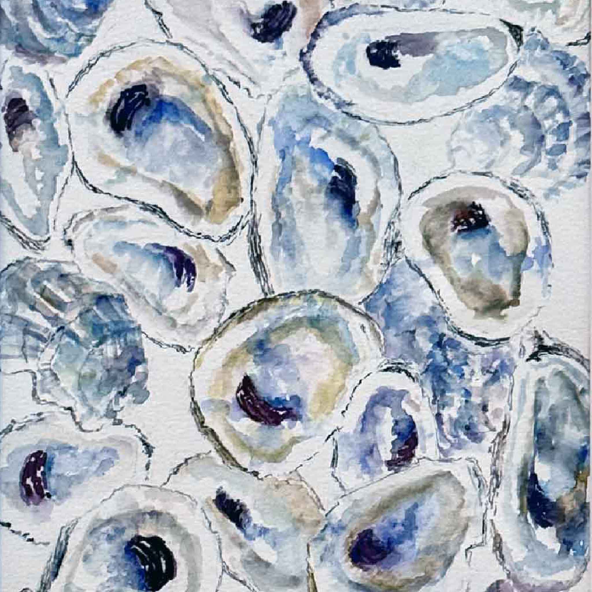Close-up of Allison Farr’s “Gathered Jewels” watercolor, featuring layered blue and gray oyster shells from her Lowcountry Jewels collection at Gray Man Gallery.