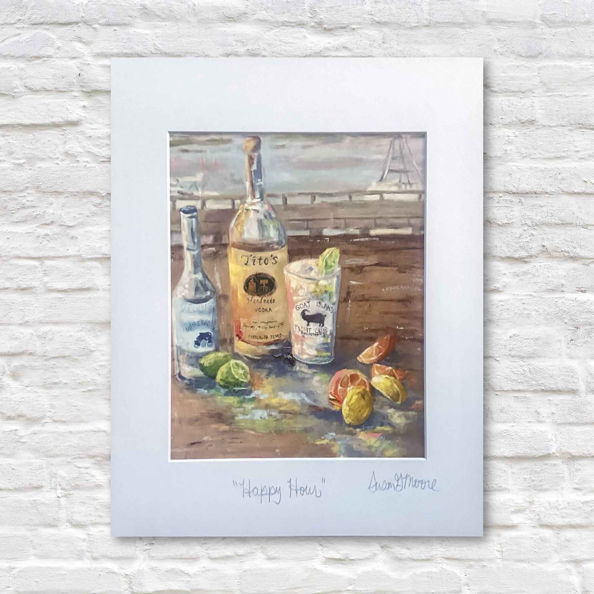 11x14 matted fine art giclée print Happy Hour by Susan Moore featuring a Tito’s vodka bottle, Goat Island Yacht Club glass, and limes on a dockside table.