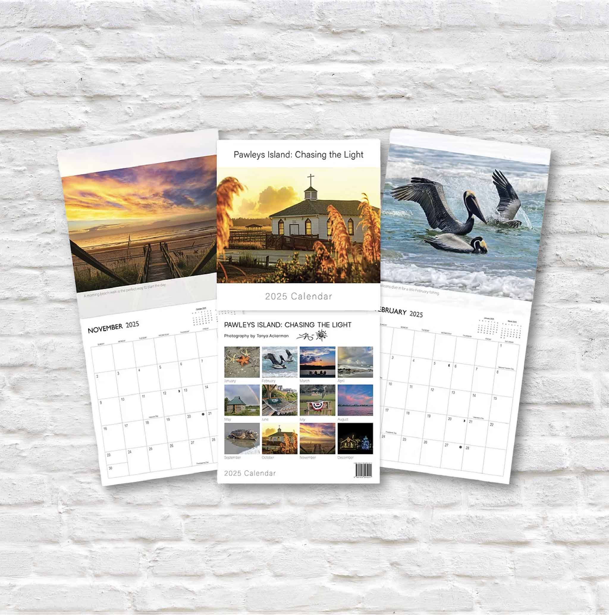 Preview of monthly photographs inside the 2025 Pawleys Island calendar by local artist Tanya Ackerman, featuring coastal scenes and Lowcountry landscapes at Gray Man Gallery.