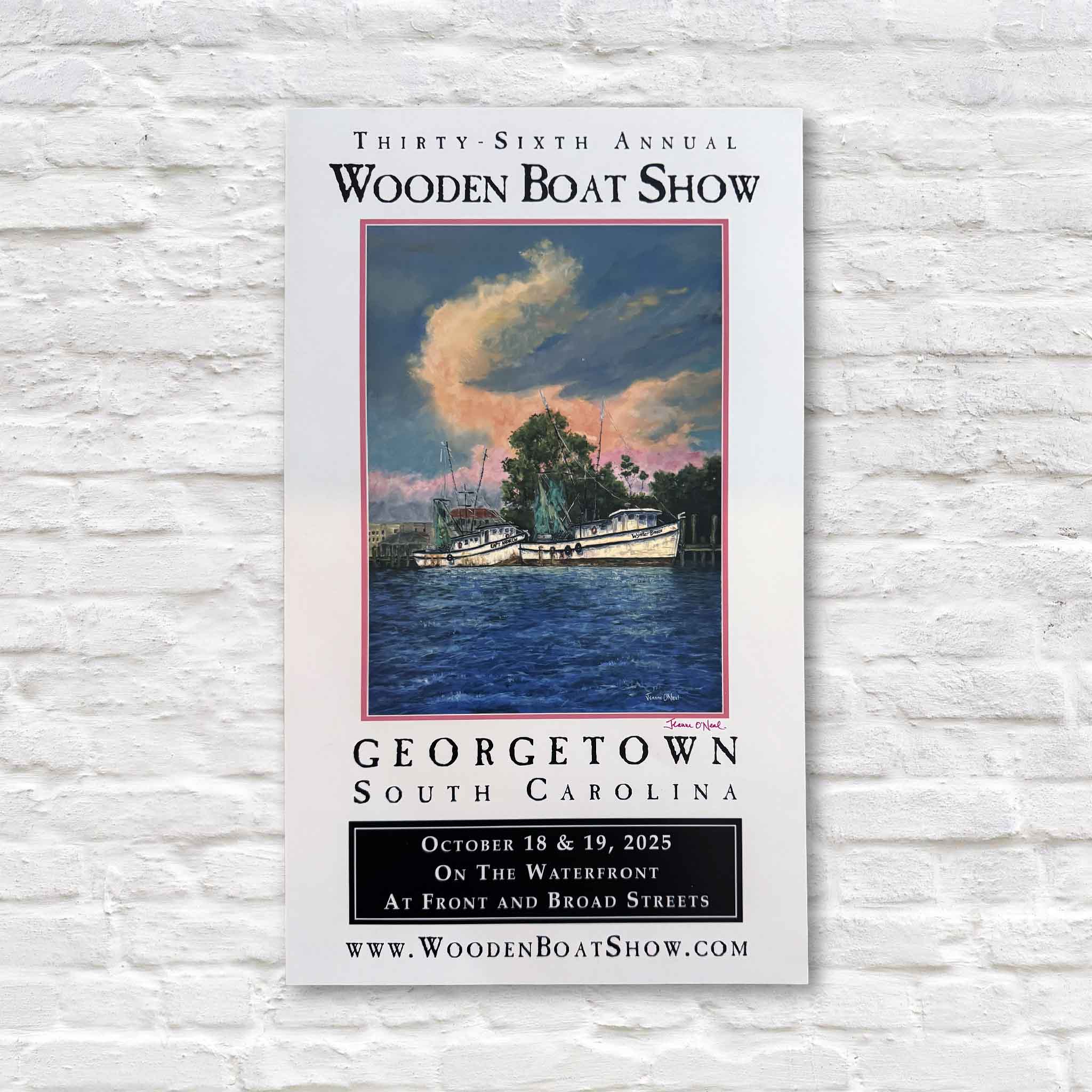 Signed 2025 Georgetown Wooden Boat Show poster featuring Jeanne O’Neal’s Harbor Sunset, the record-breaking painting benefiting the SC Maritime Museum.