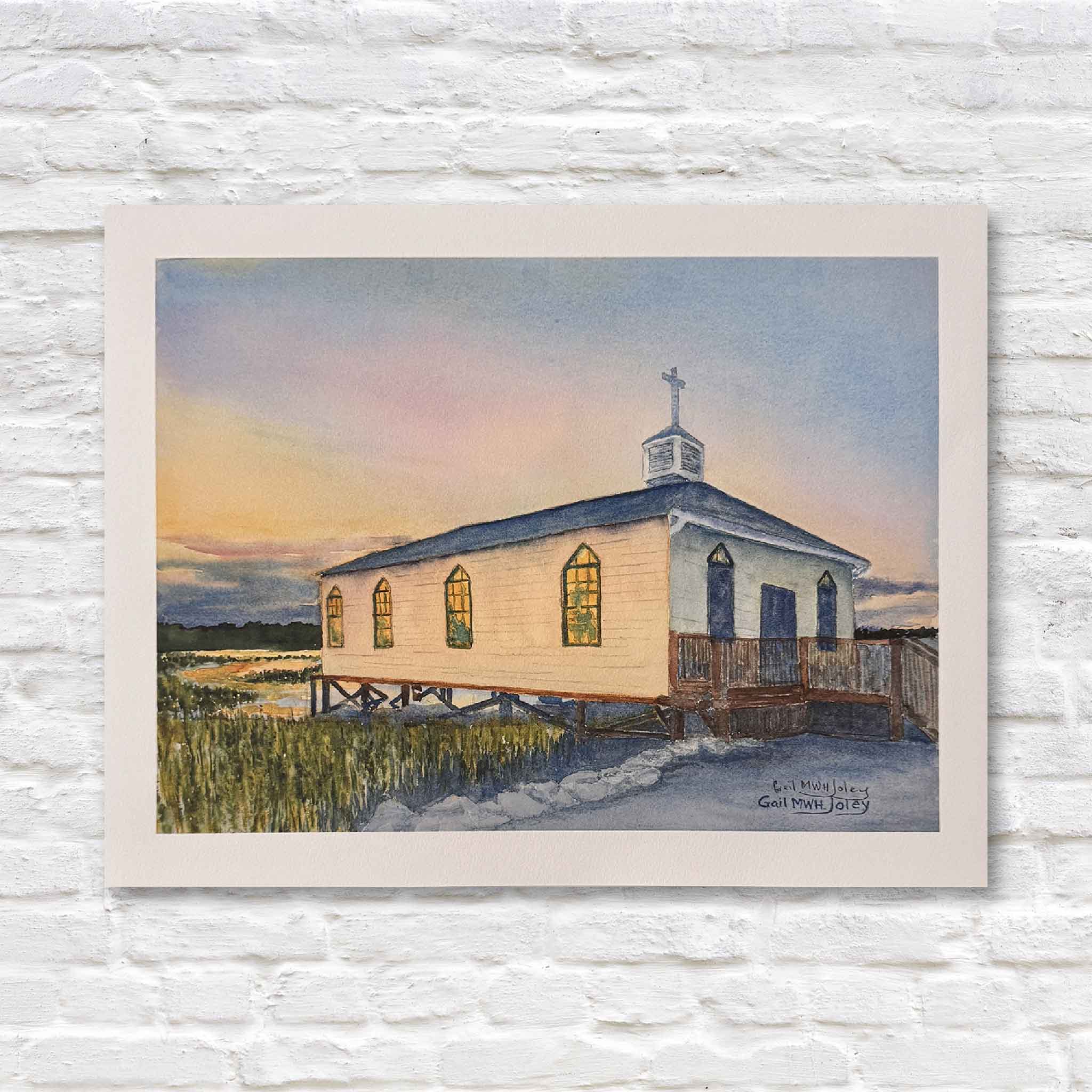 watercolor print art of the old historic Pawleys Island chapel