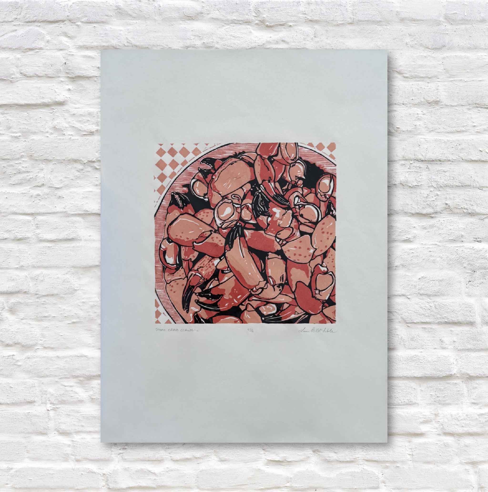 Abstract linocut with stone crab claws design on a white brick background