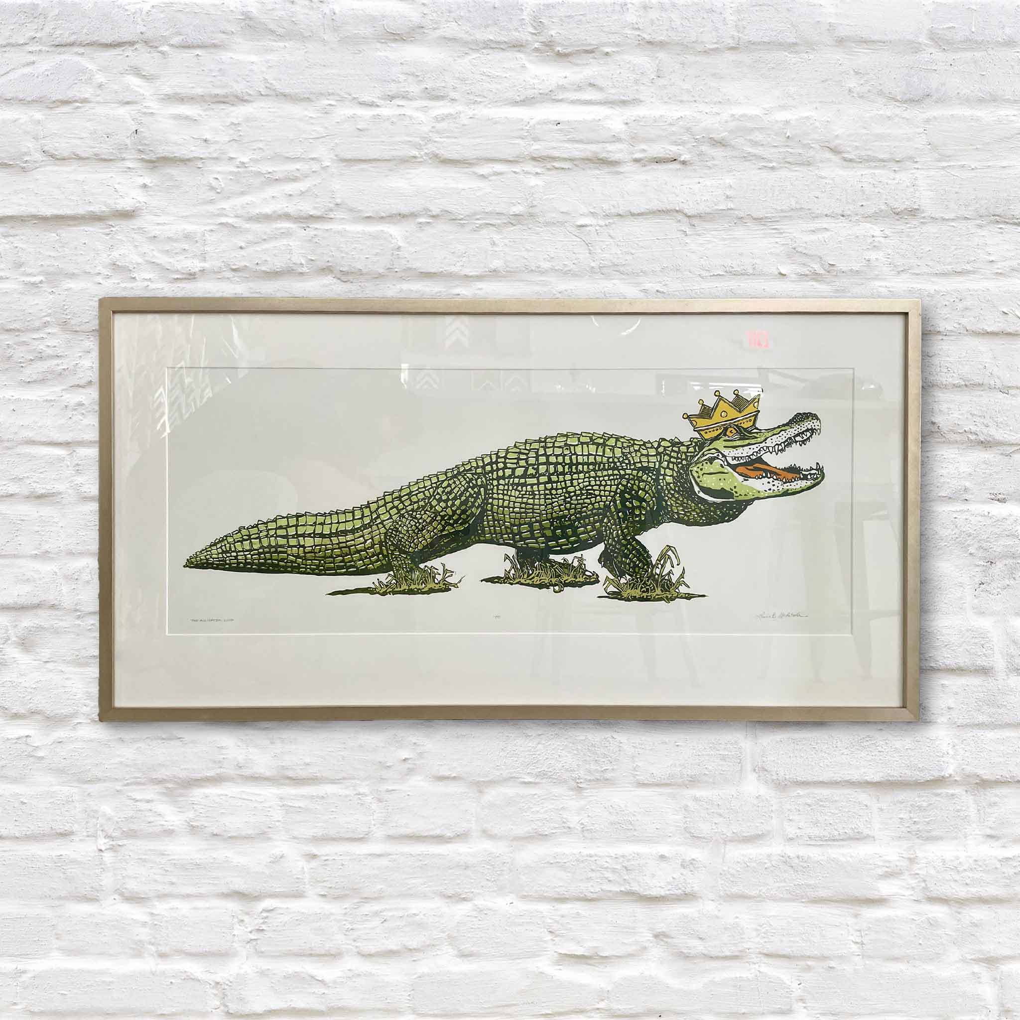 this crowned gator struts across the marsh with the confidence of a true coastal king. original lowcountry linocut artwork.