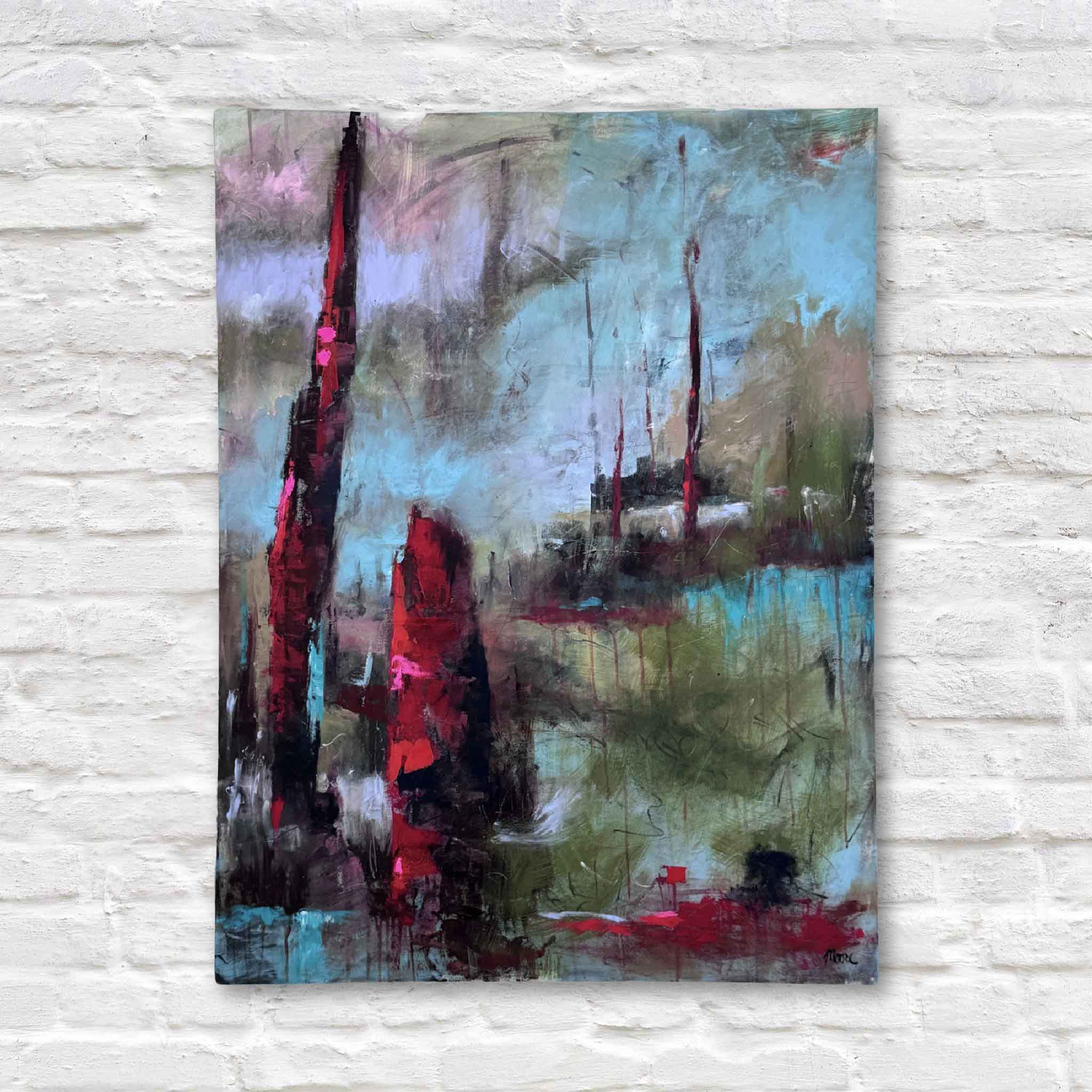 abstract acrylic painting with blues, reds, greens