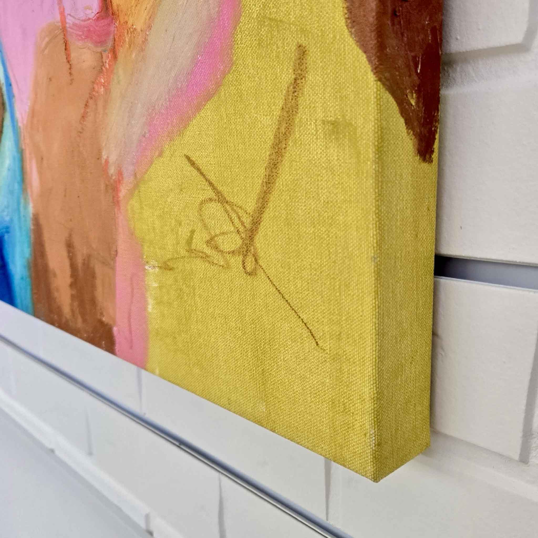 Abstract painting with a textured yellow background on a white wall.