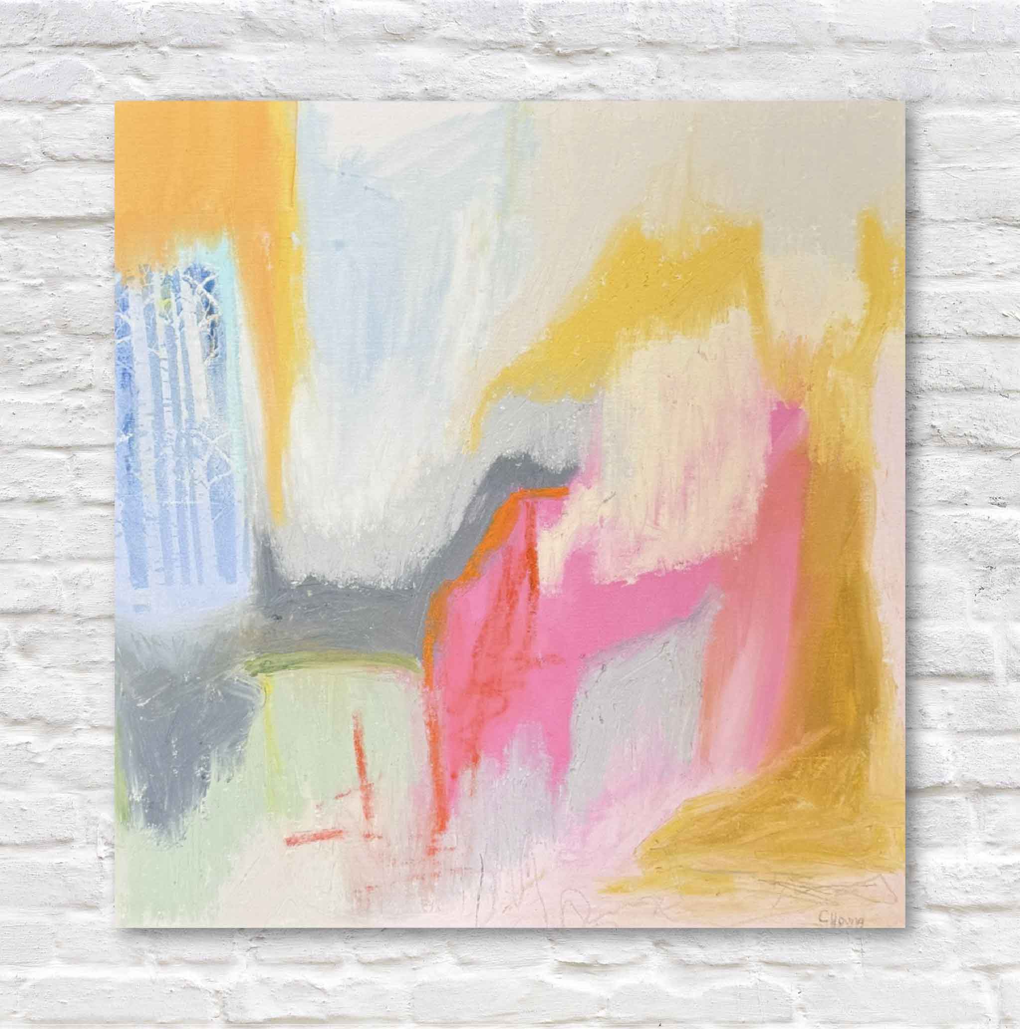 Abstract painting with colorful brush strokes on a textured white wall