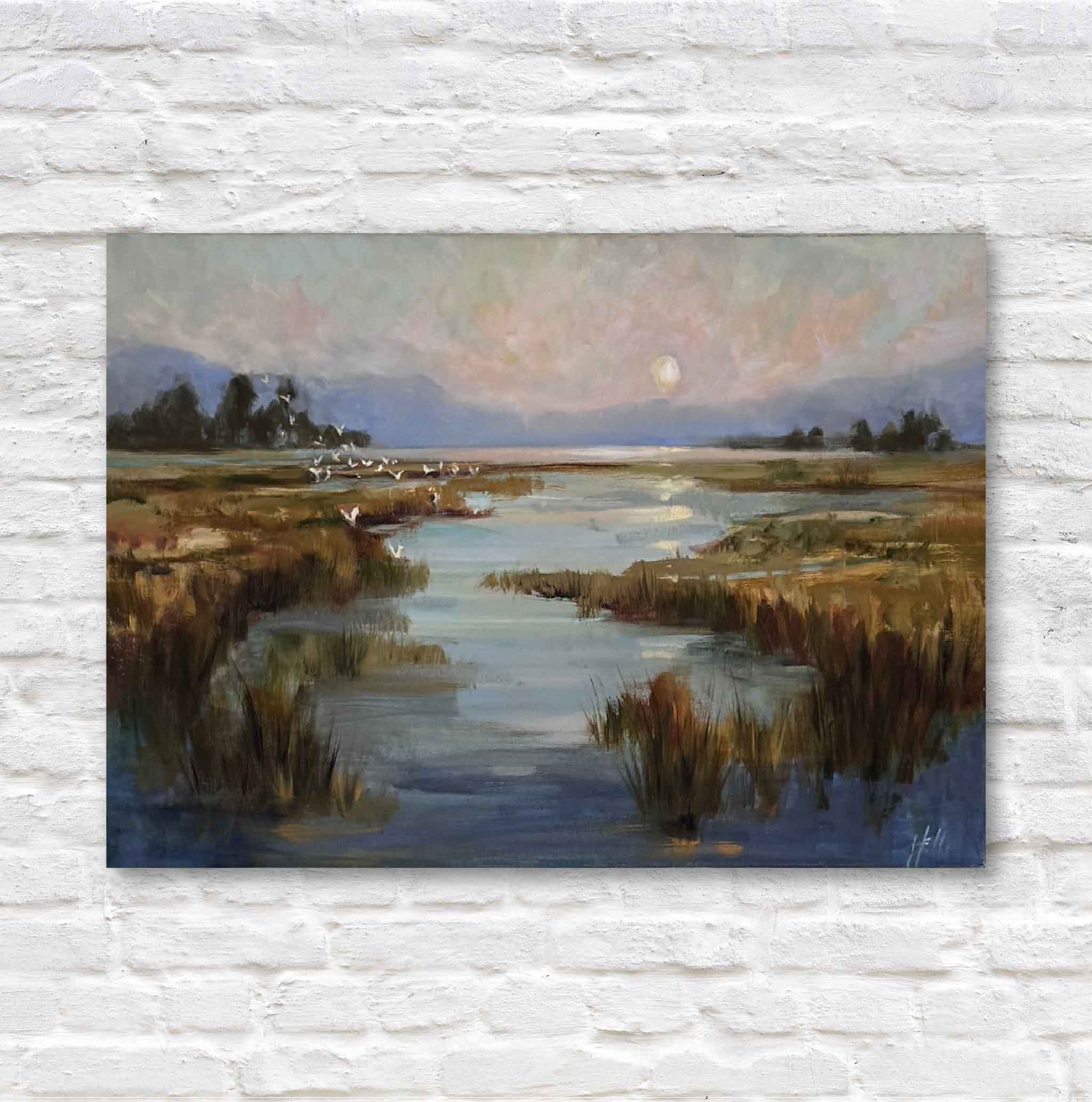 Painting of a landscape with water, reeds, and a moonlit sky on a textured white wall.