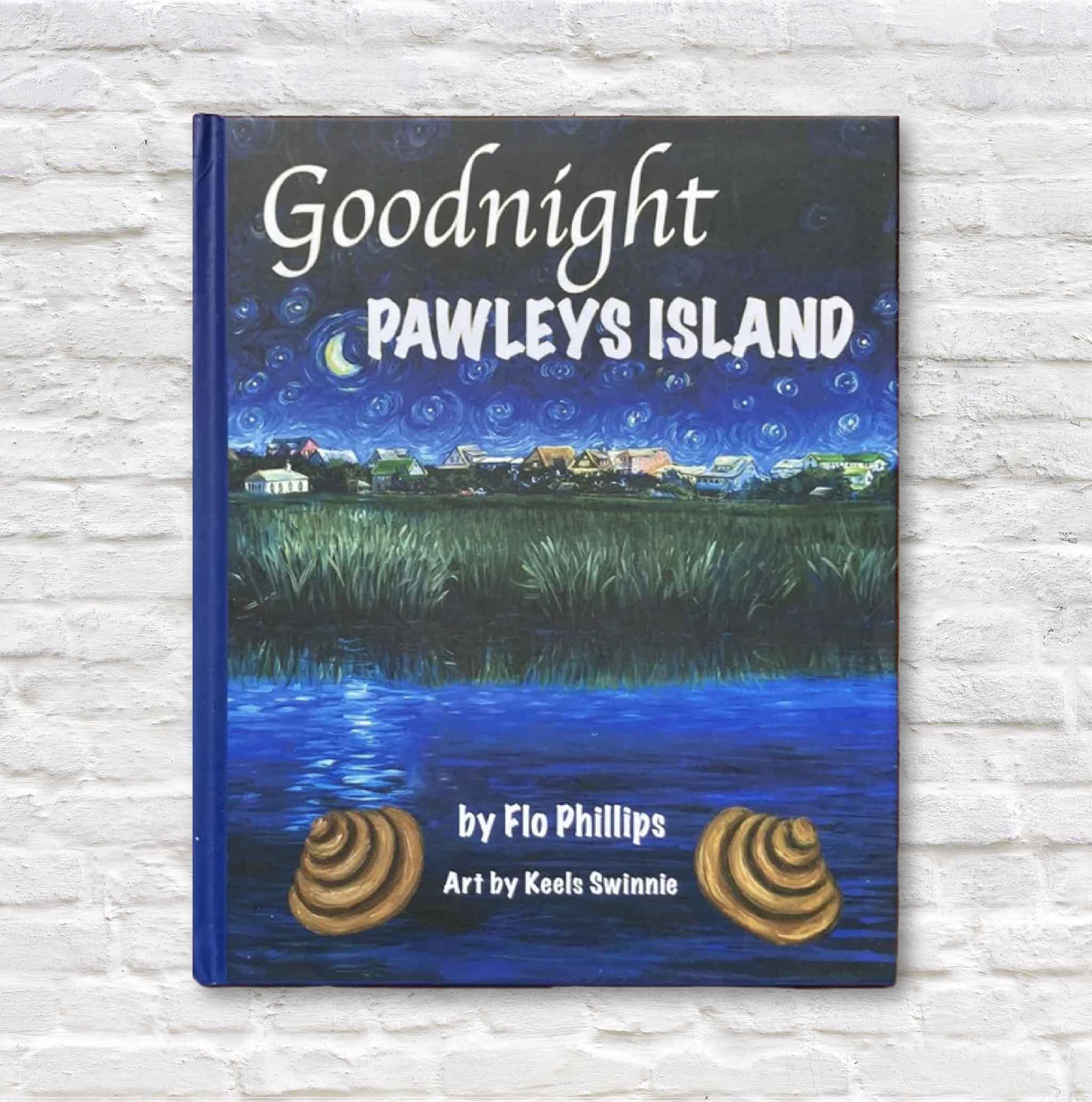 Book cover of 'Goodnight Pawleys Island' with a scenic illustration on a white brick background.