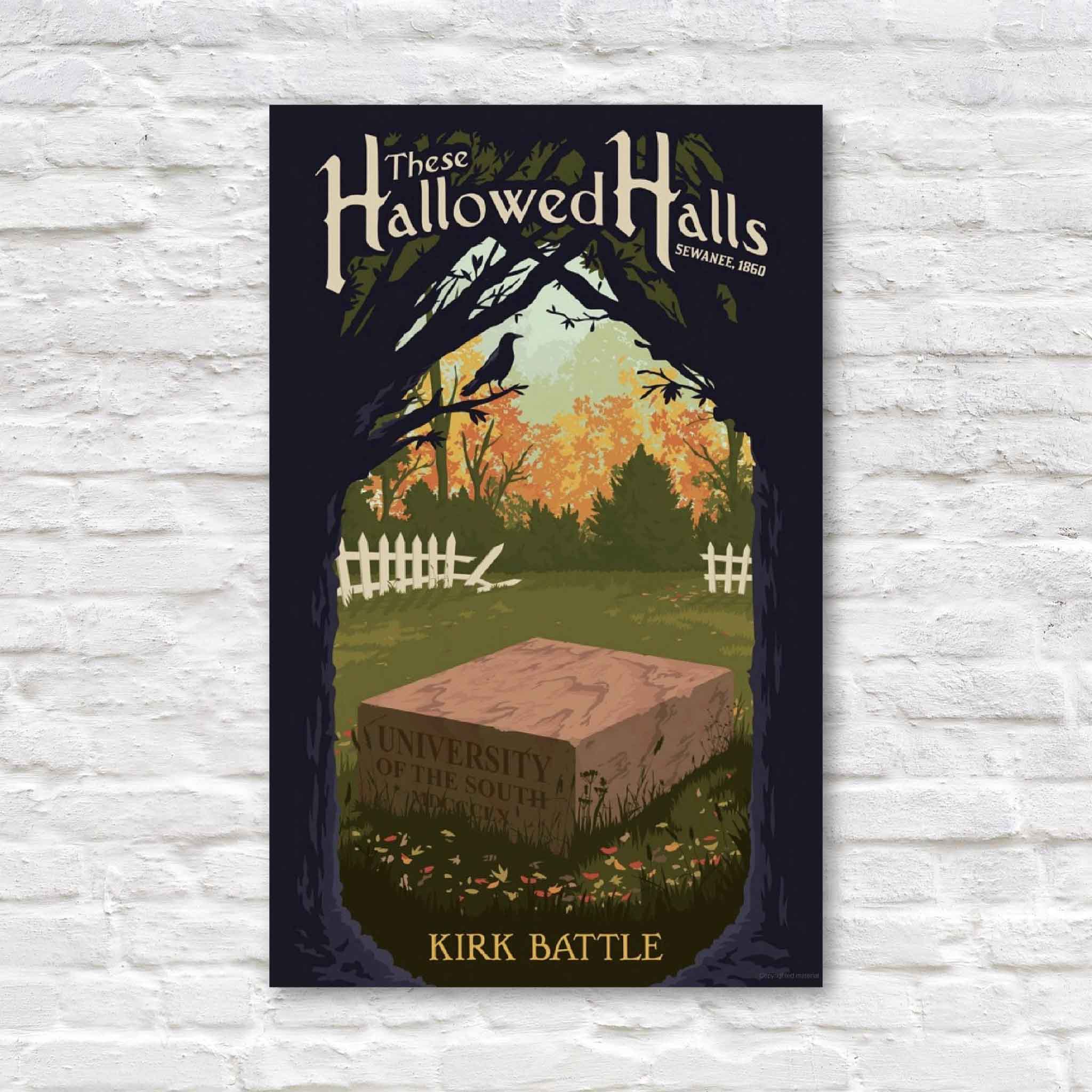 Front cover of These Hallowed Halls: Sewanee, 1860 by Kirk Battle, showing a stone engraved “University of the South” beneath autumn trees and a dark archway of branches.