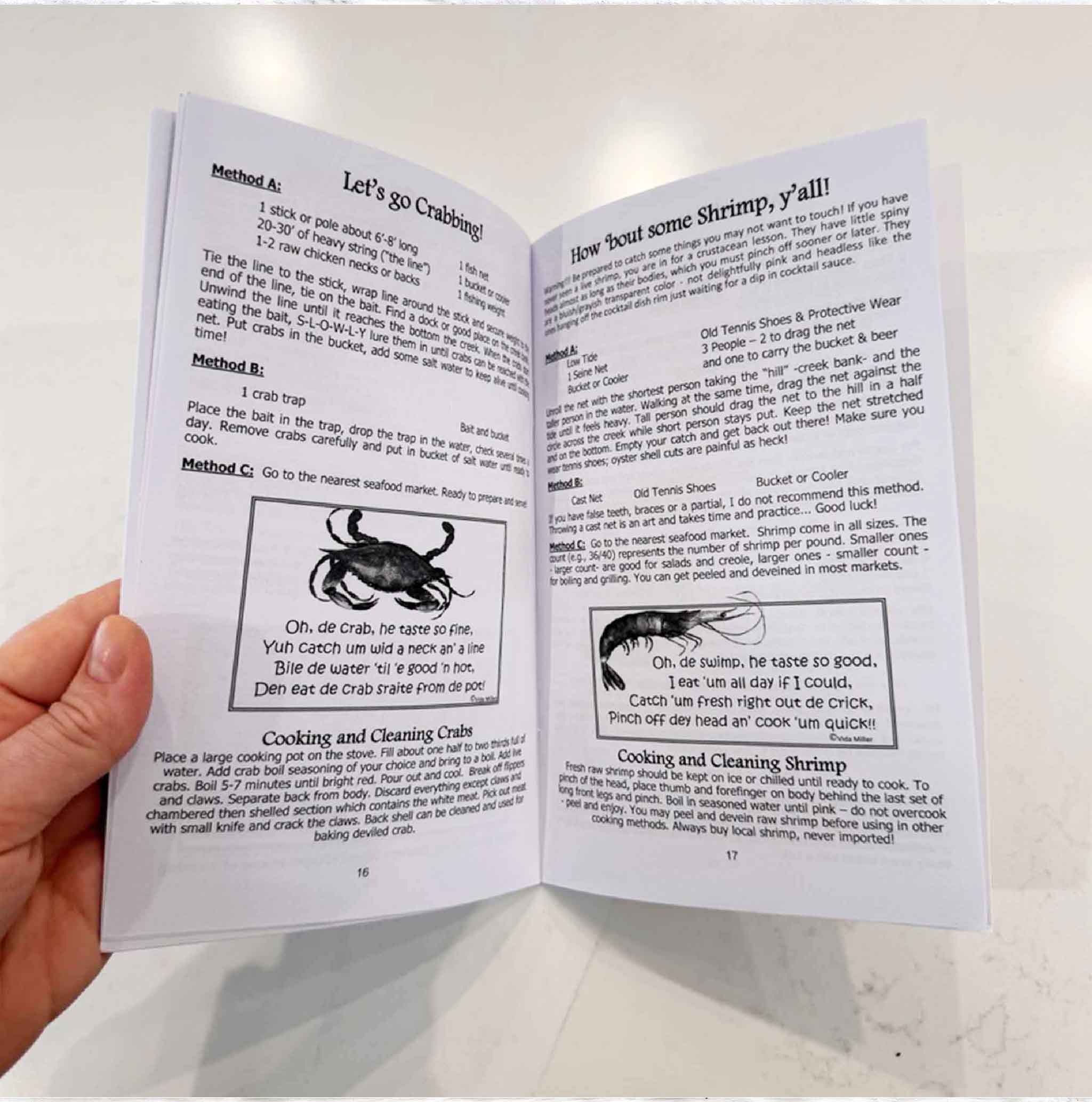 Open book with text and illustrations on a white background