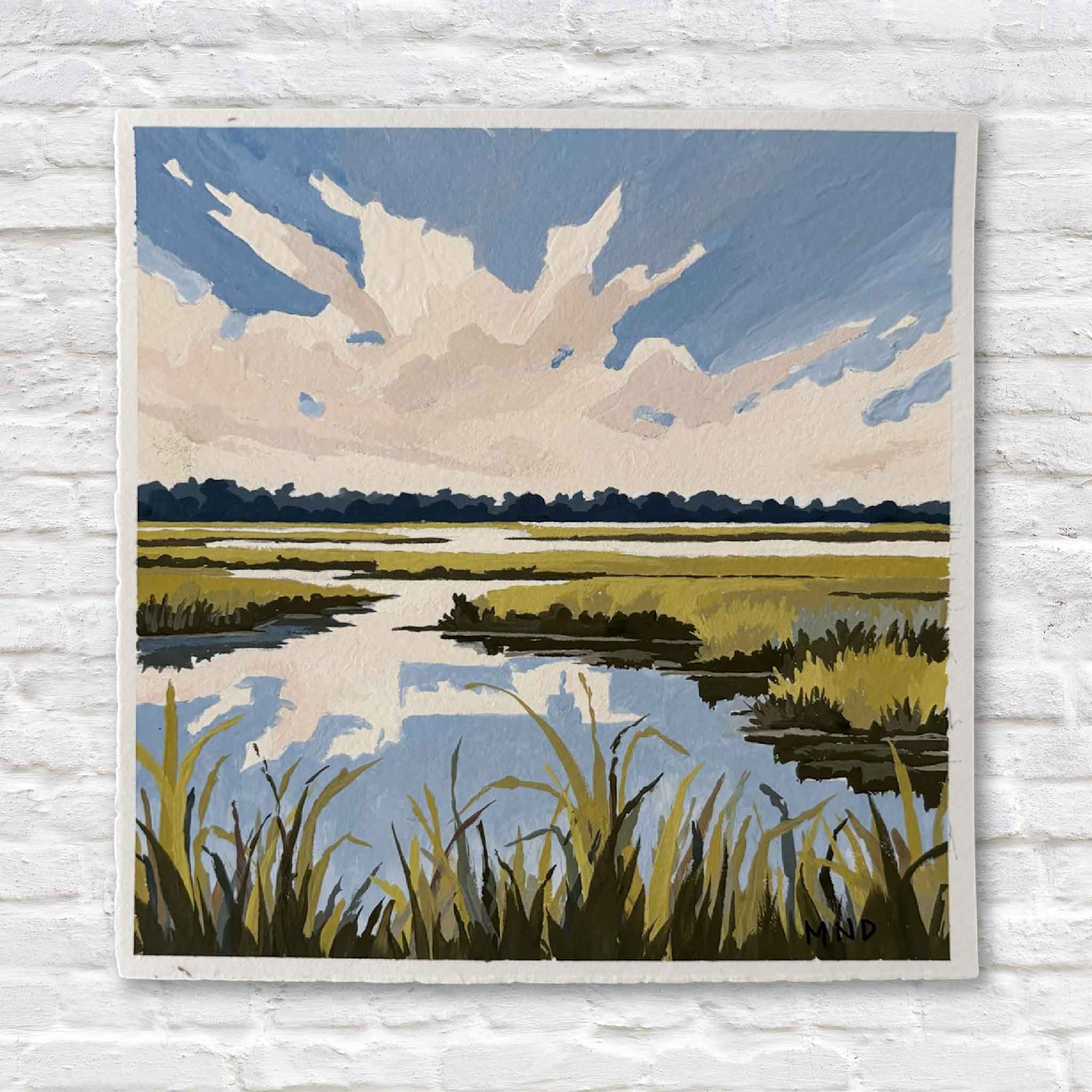 Painting of a landscape with a river, grass, and sky on a textured wall.
