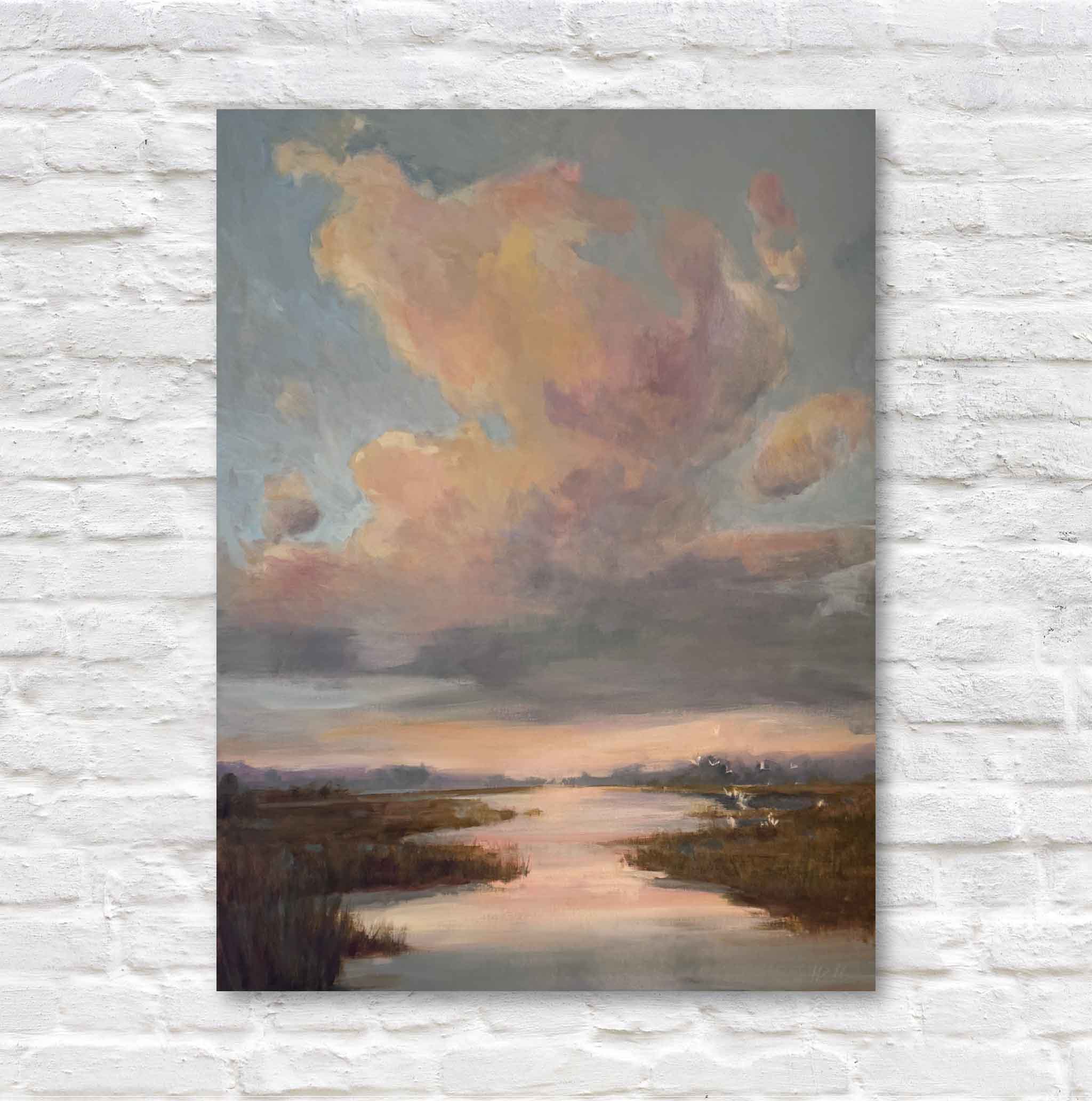 Painting of a landscape with a large cloud formation over a body of water.
