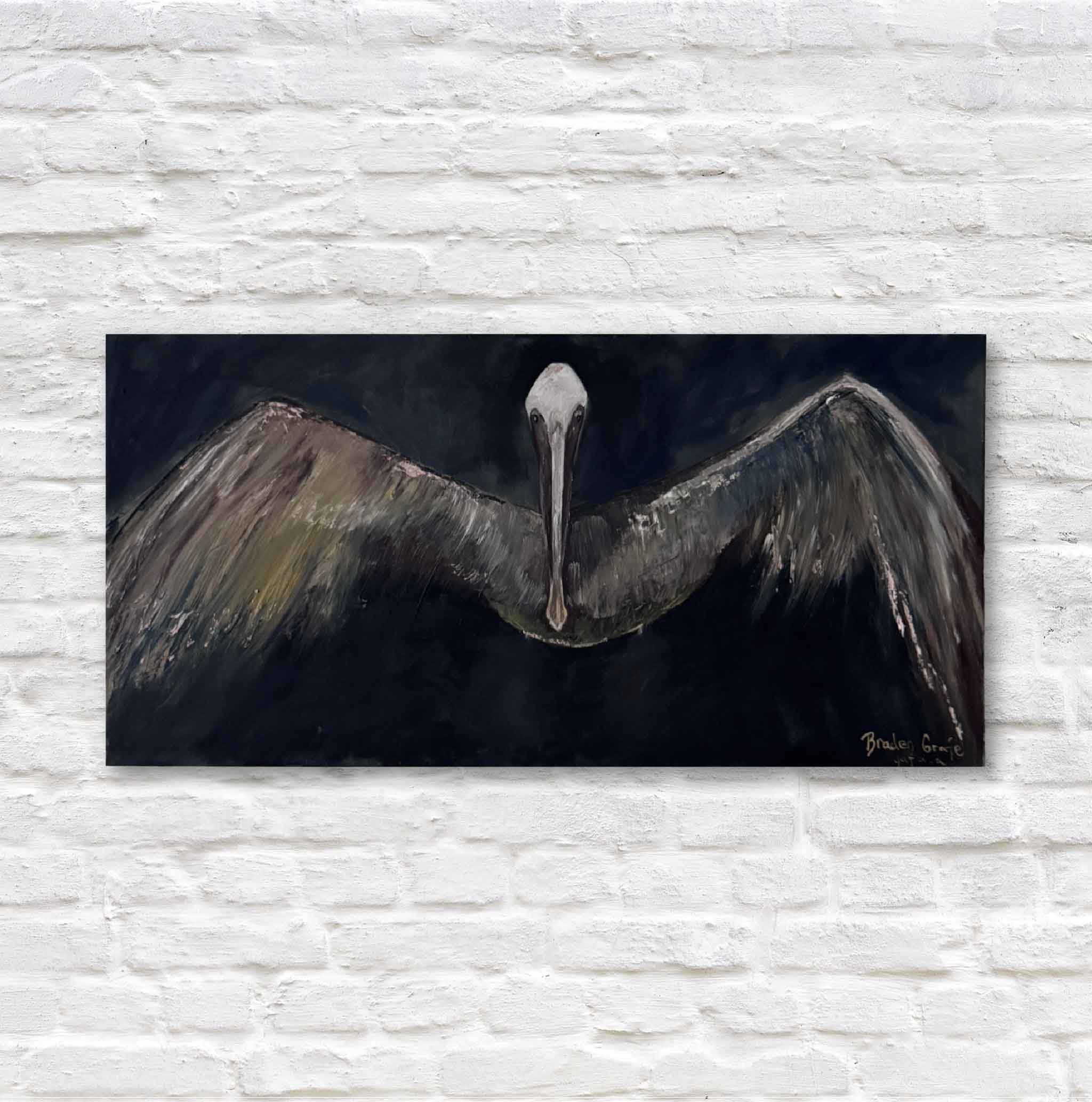 Painting of a bird with outstretched wings on a textured white wall.