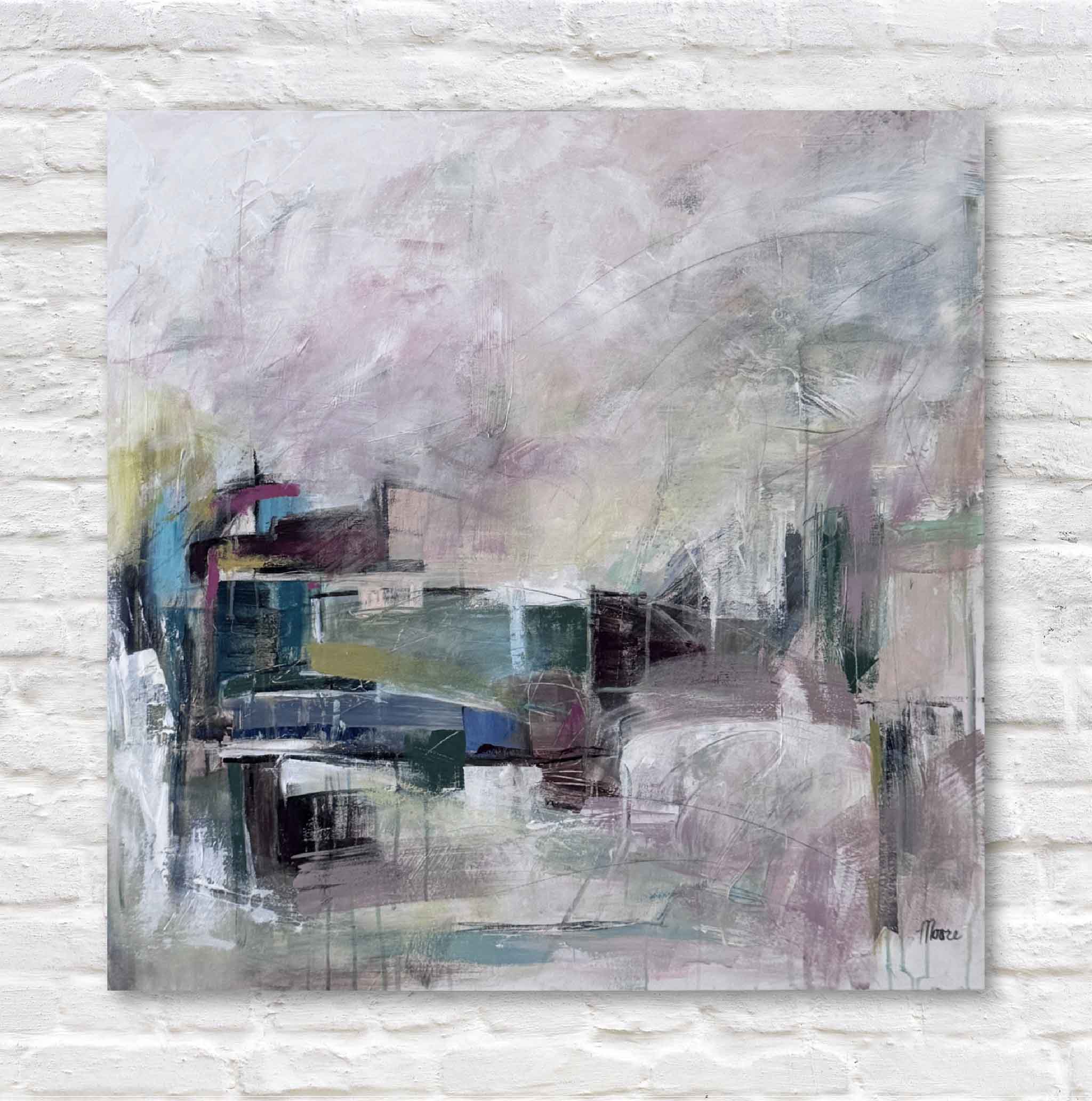 Abstract painting on a textured white wall