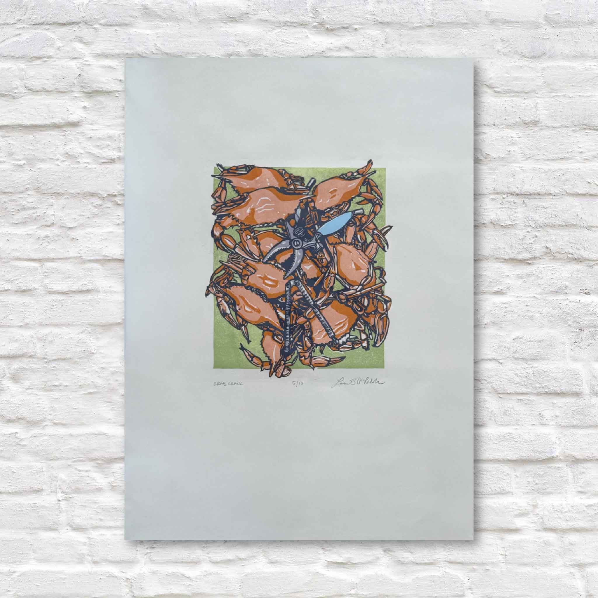 linocut artwork of crabs by Laurie McIntosh