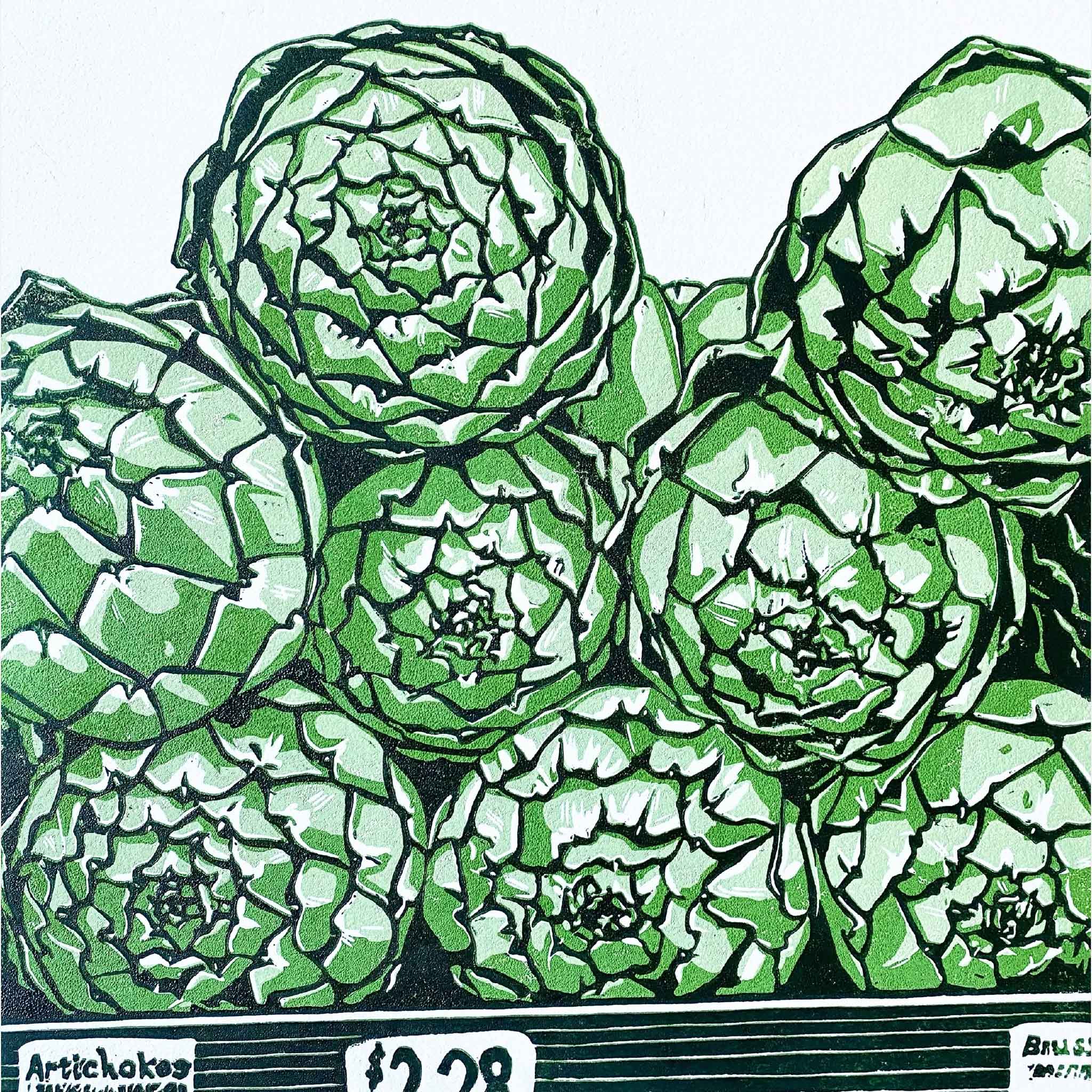 original linocut print by Laurie McIntosh that celebrates the quiet charm of the produce aisle. Stacked artichokes burst with texture and pattern