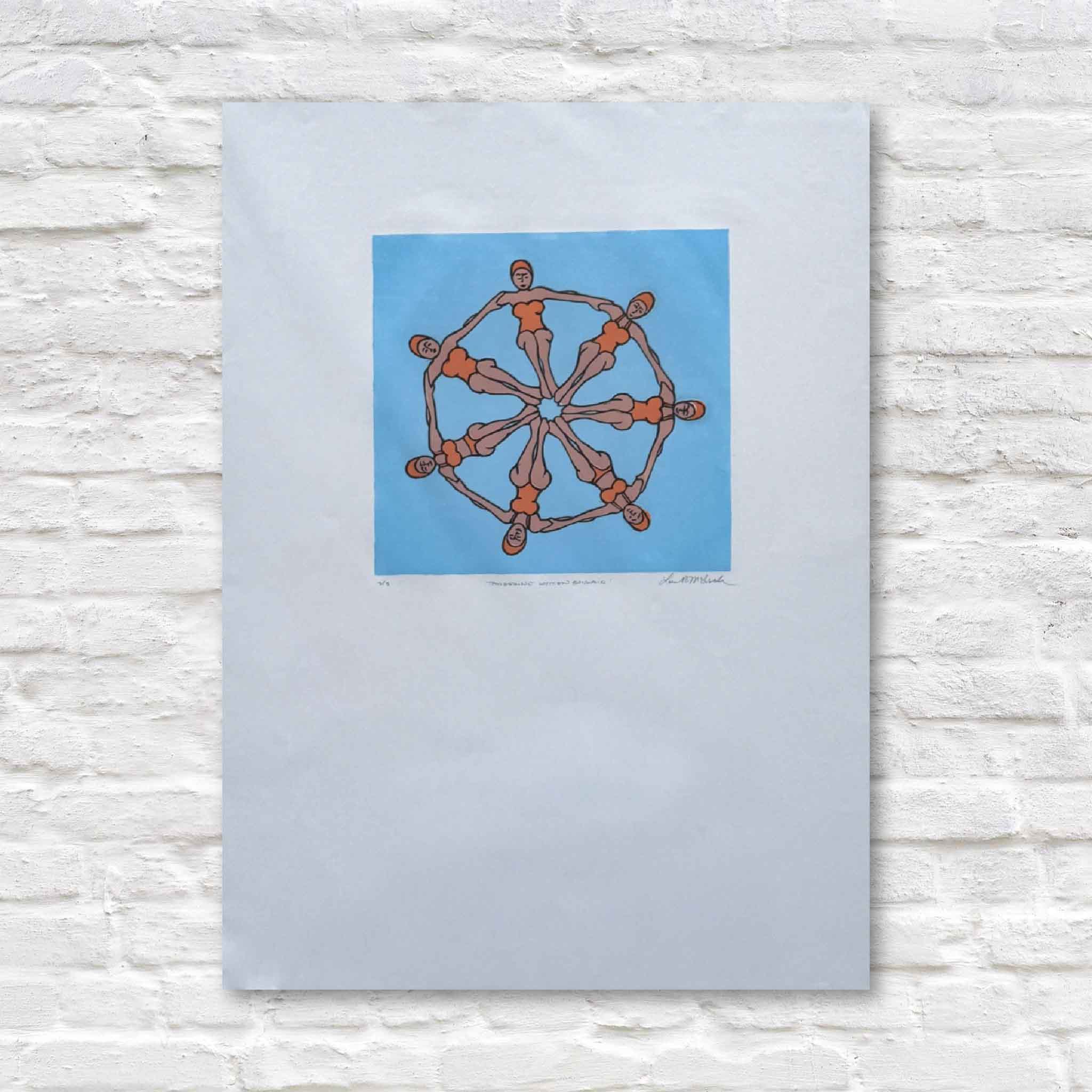 linocut art print with a ladies swimming