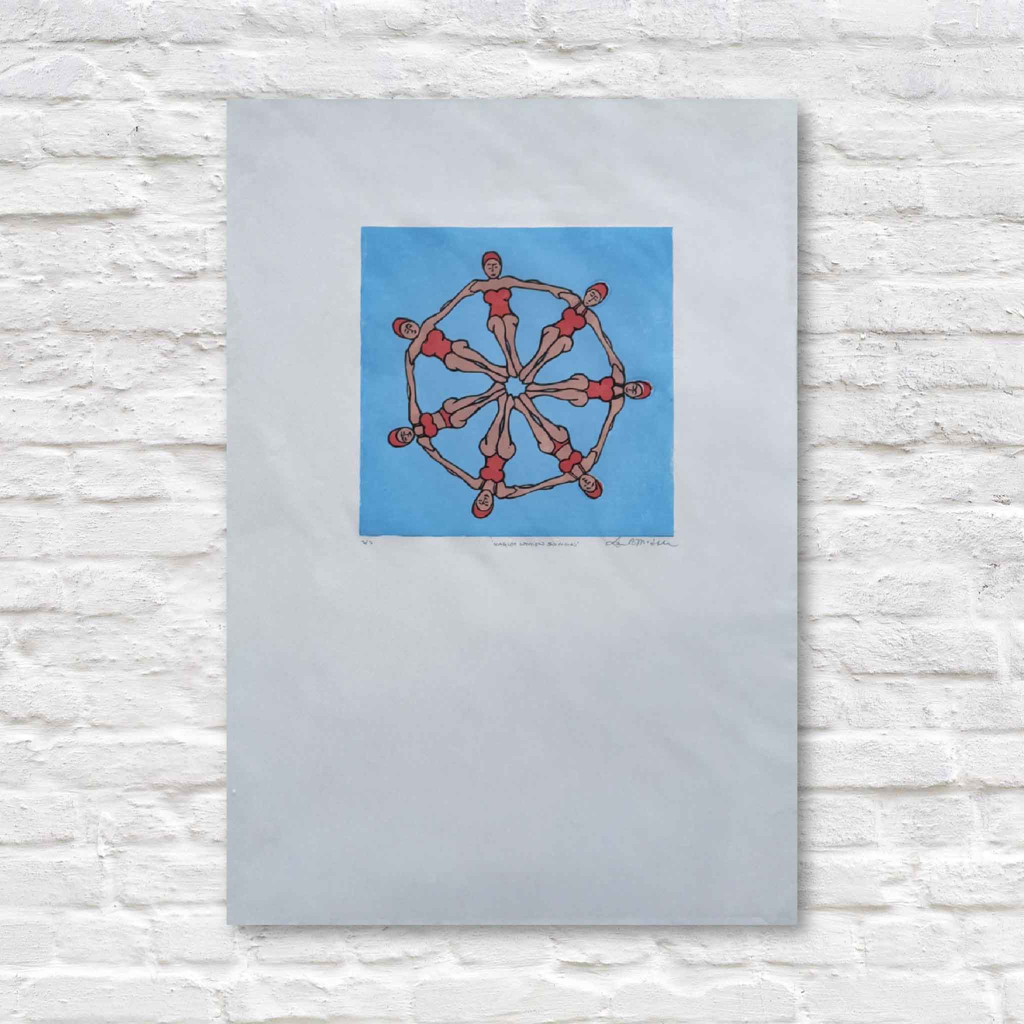linocut artwork with synchronized swimmers