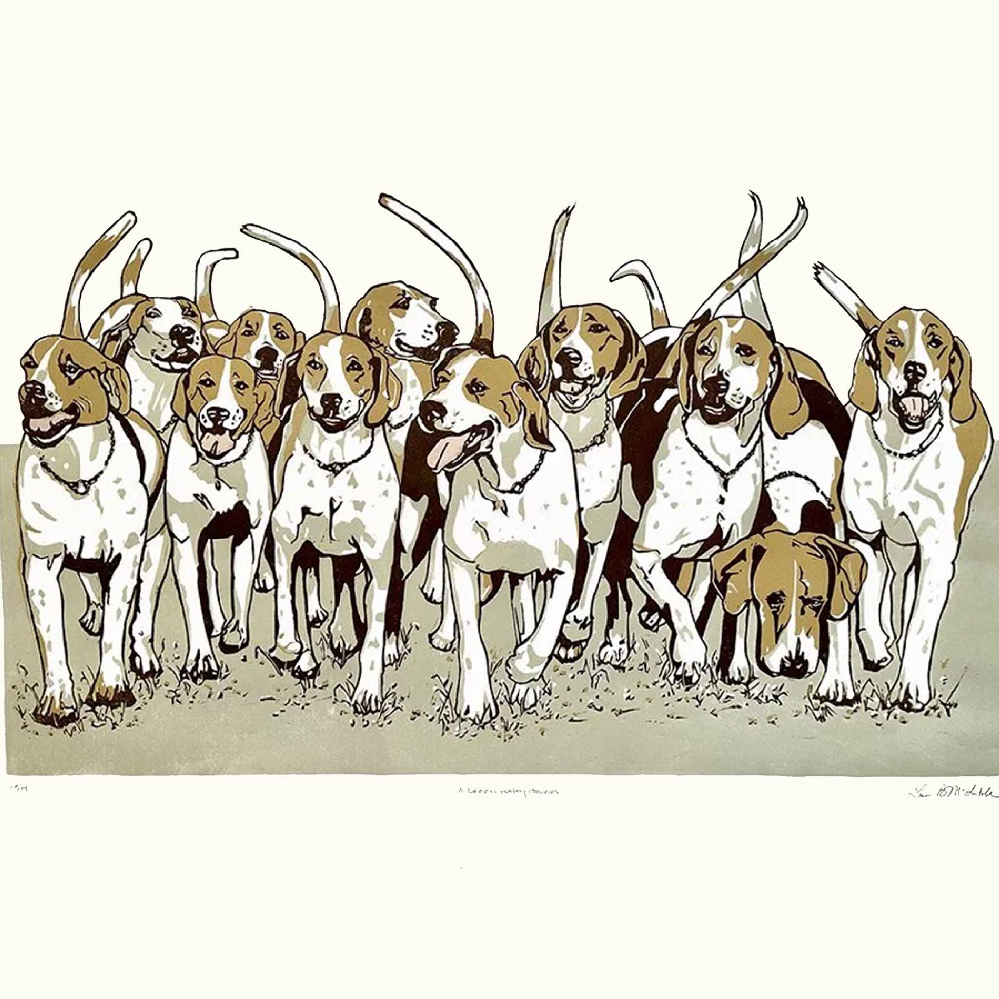 A Dozen Happy Hounds is a tail-wagging tribute to pure canine exuberance. This lively original linocut captures twelve expressive hounds bounding forward in a joyful pack, each with its own quirky personality and floppy charm.
