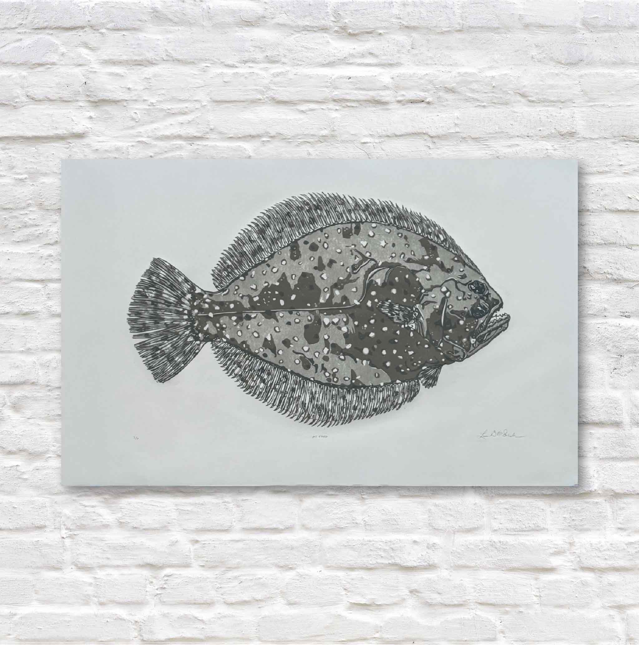 Flounder illustration on paper with a white brick background