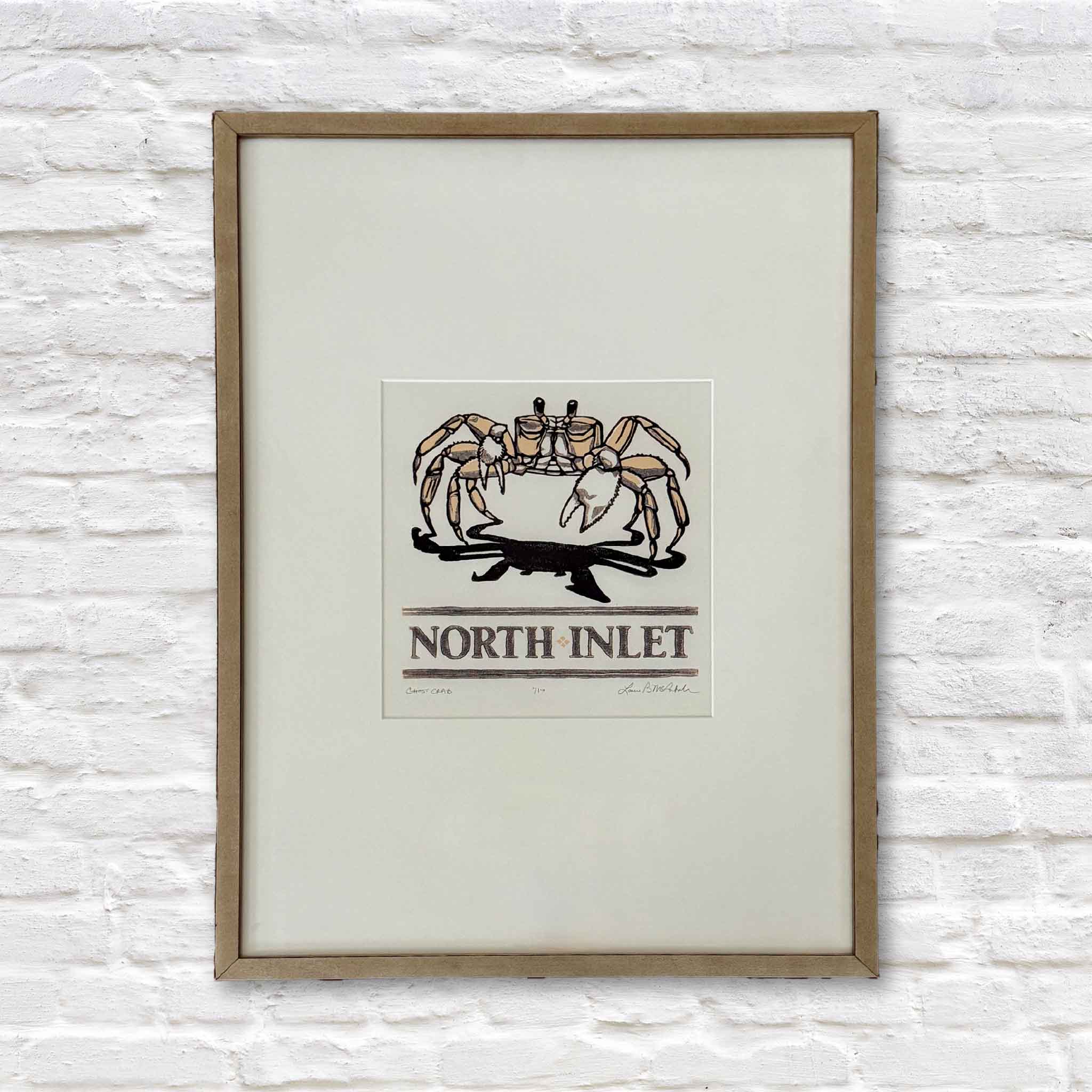 North Inlet ghost crab. Featuring the iconic ghost crab and a nod to North Inlet, this piece blends local charm with graphic precision.
