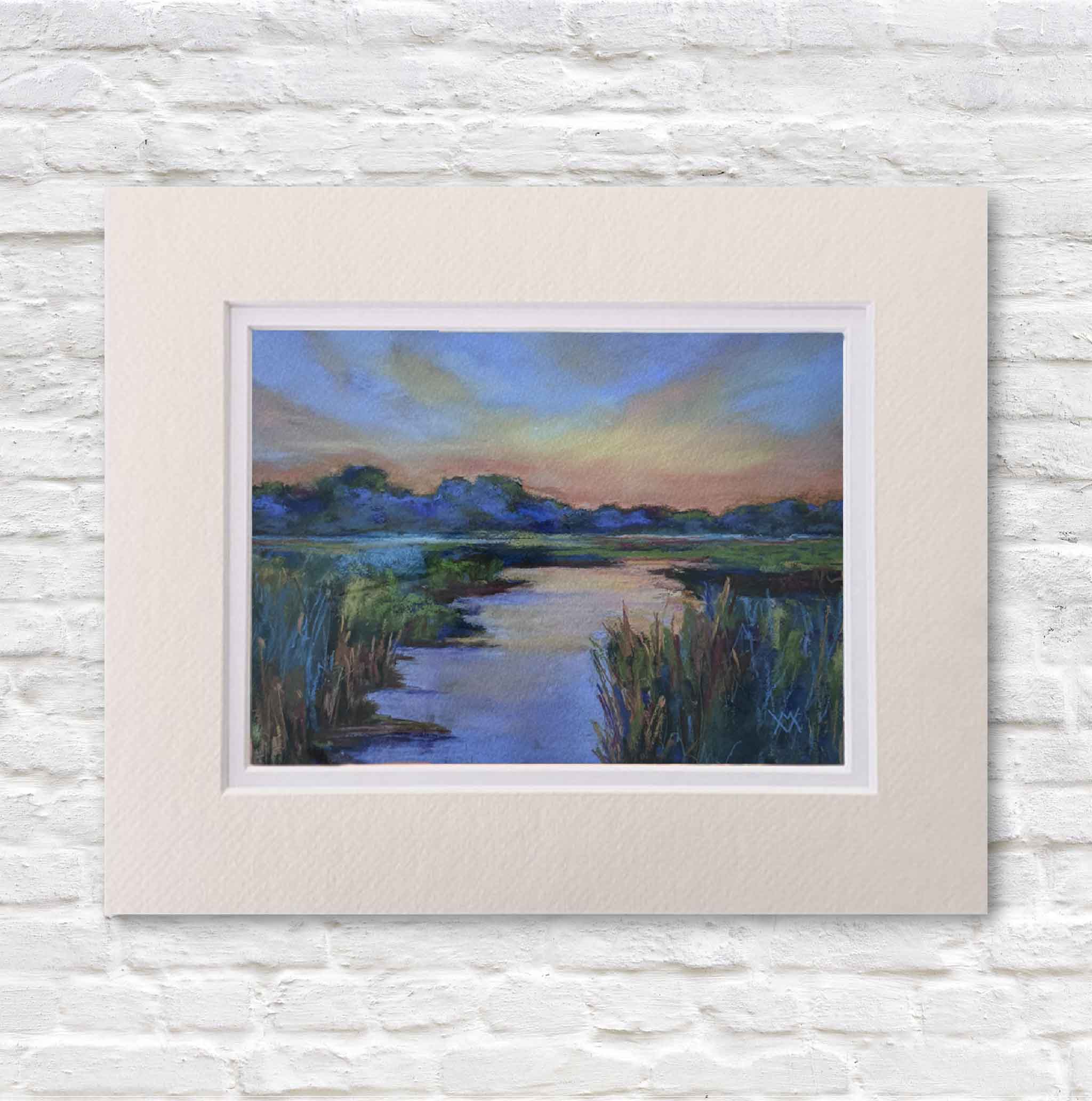 Double matted painting of a landscape with a marsh landscape a textured white wall.