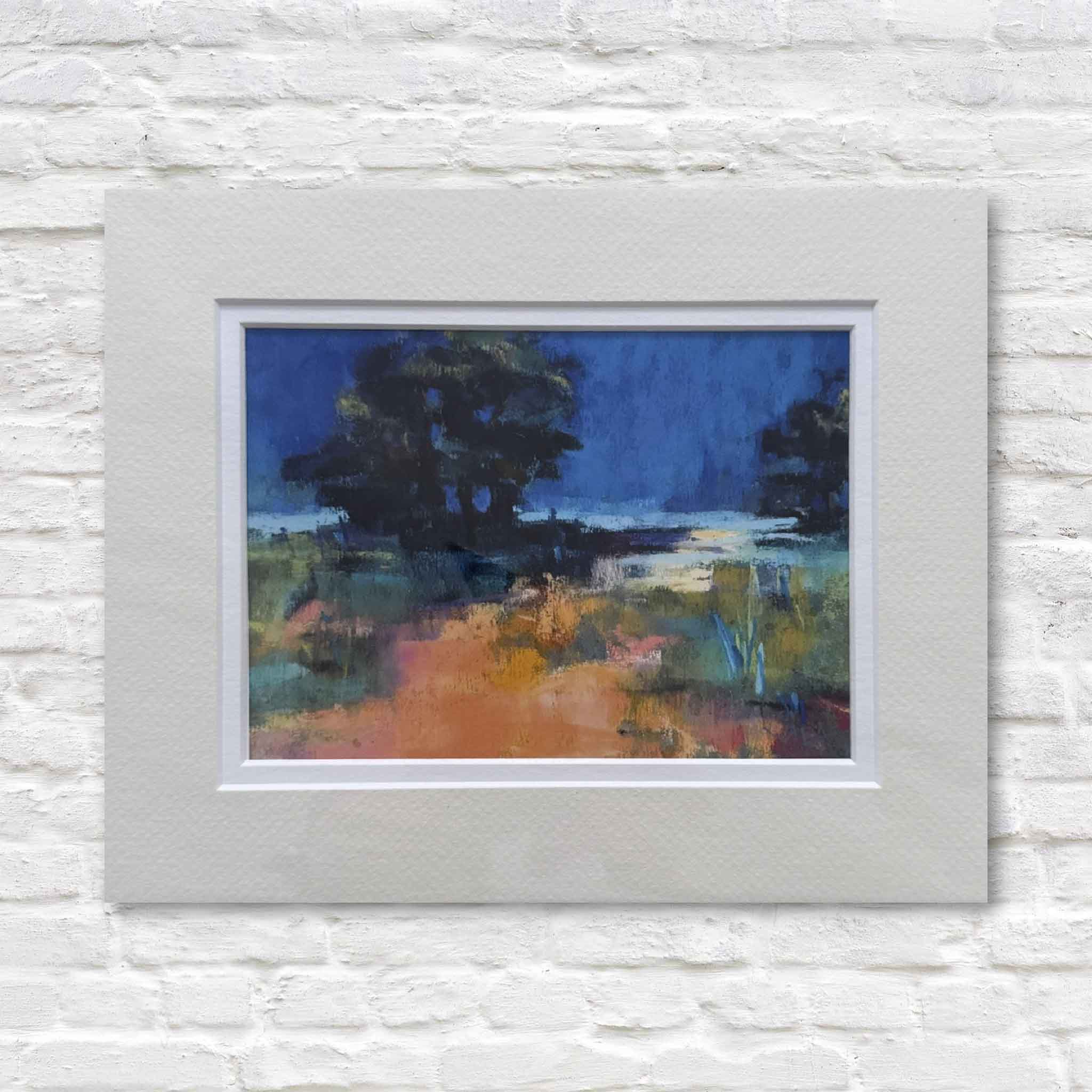 Matted abstract painting on a white brick wall