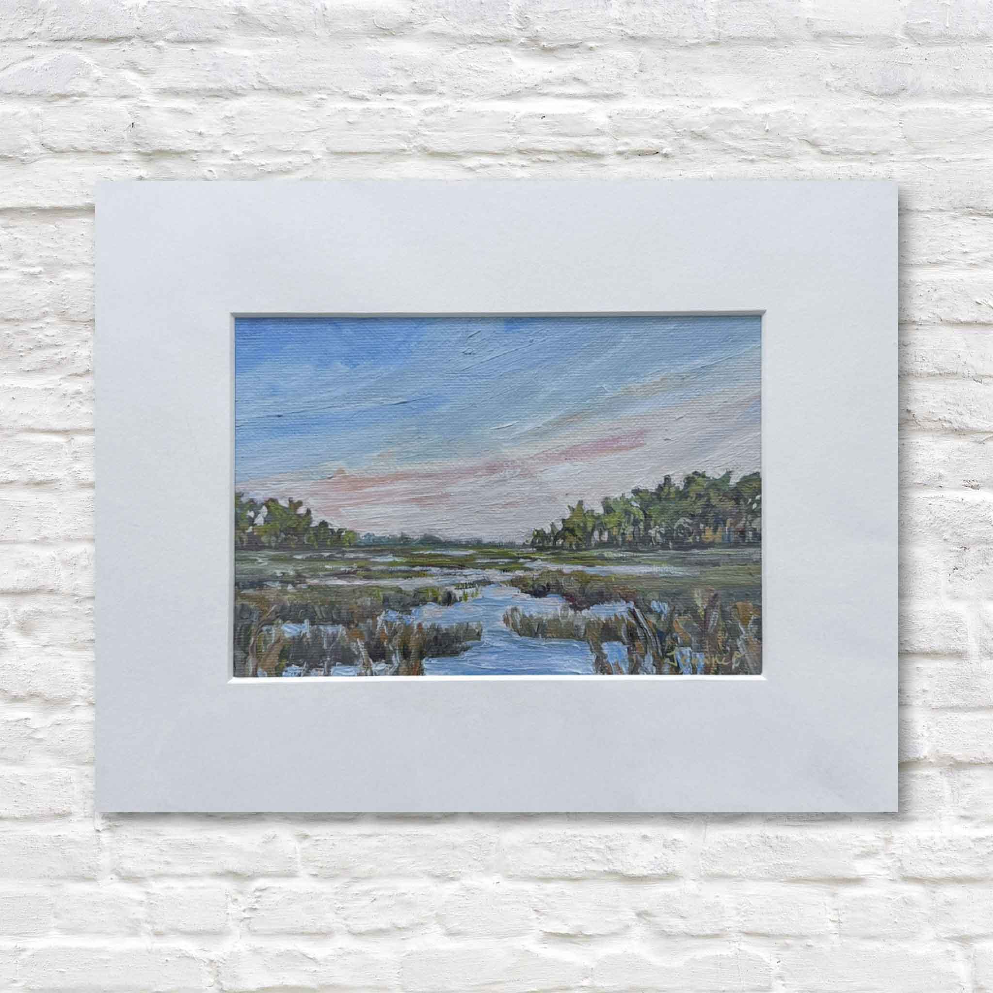 Matted 8x10 giclée print of Kisses by Jeanne O’Neal, featuring a serene Pawleys Island marsh with soft pastel skies and calm waters.