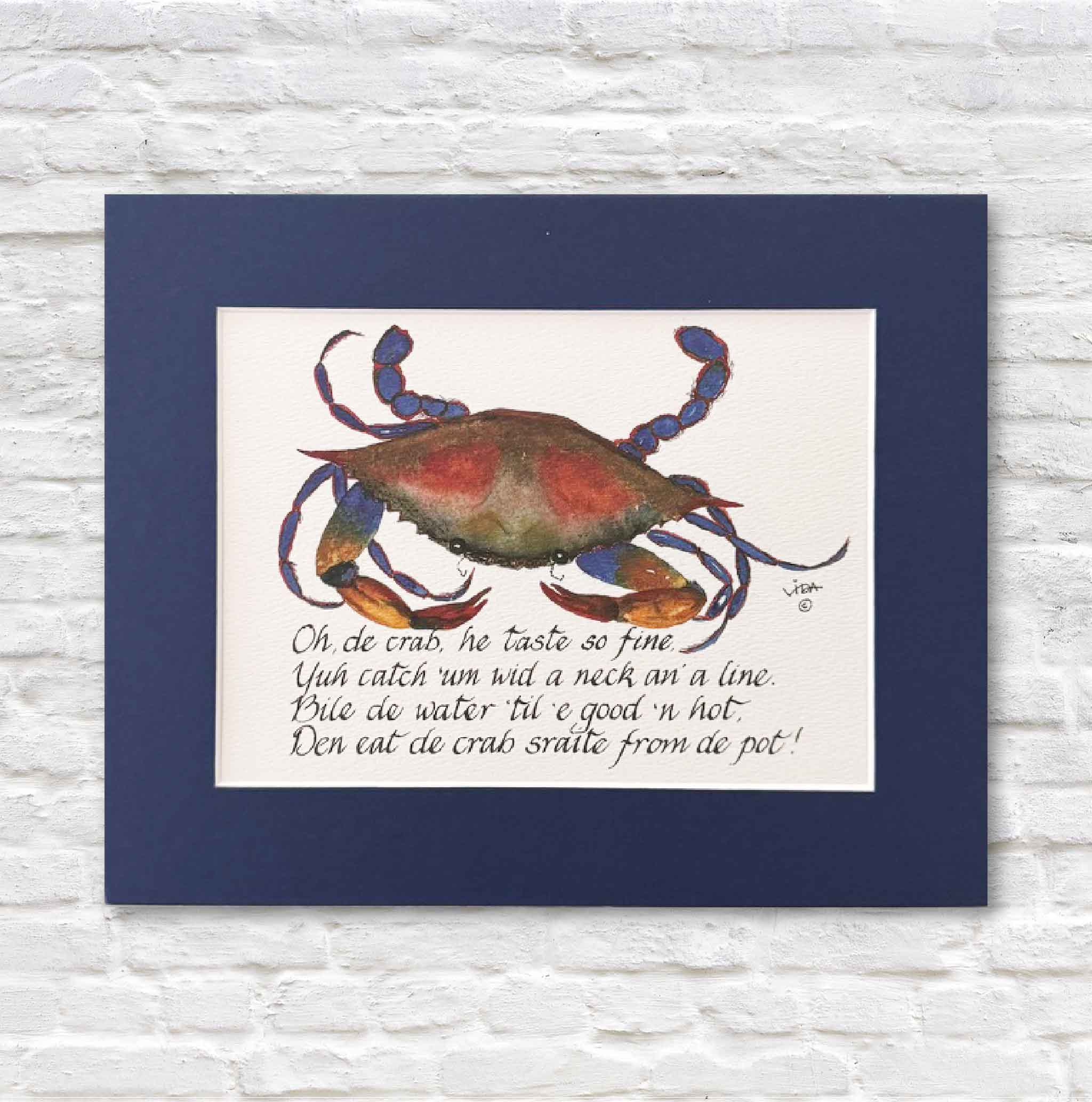 matted artwork of a colorful crab with text on a white background