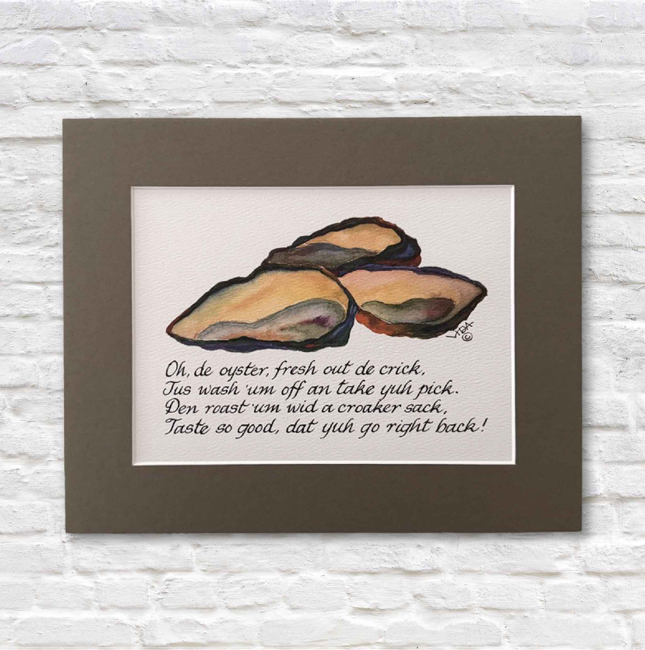Illustration of oysters with a humorous poem on a white background, framed in brown.
