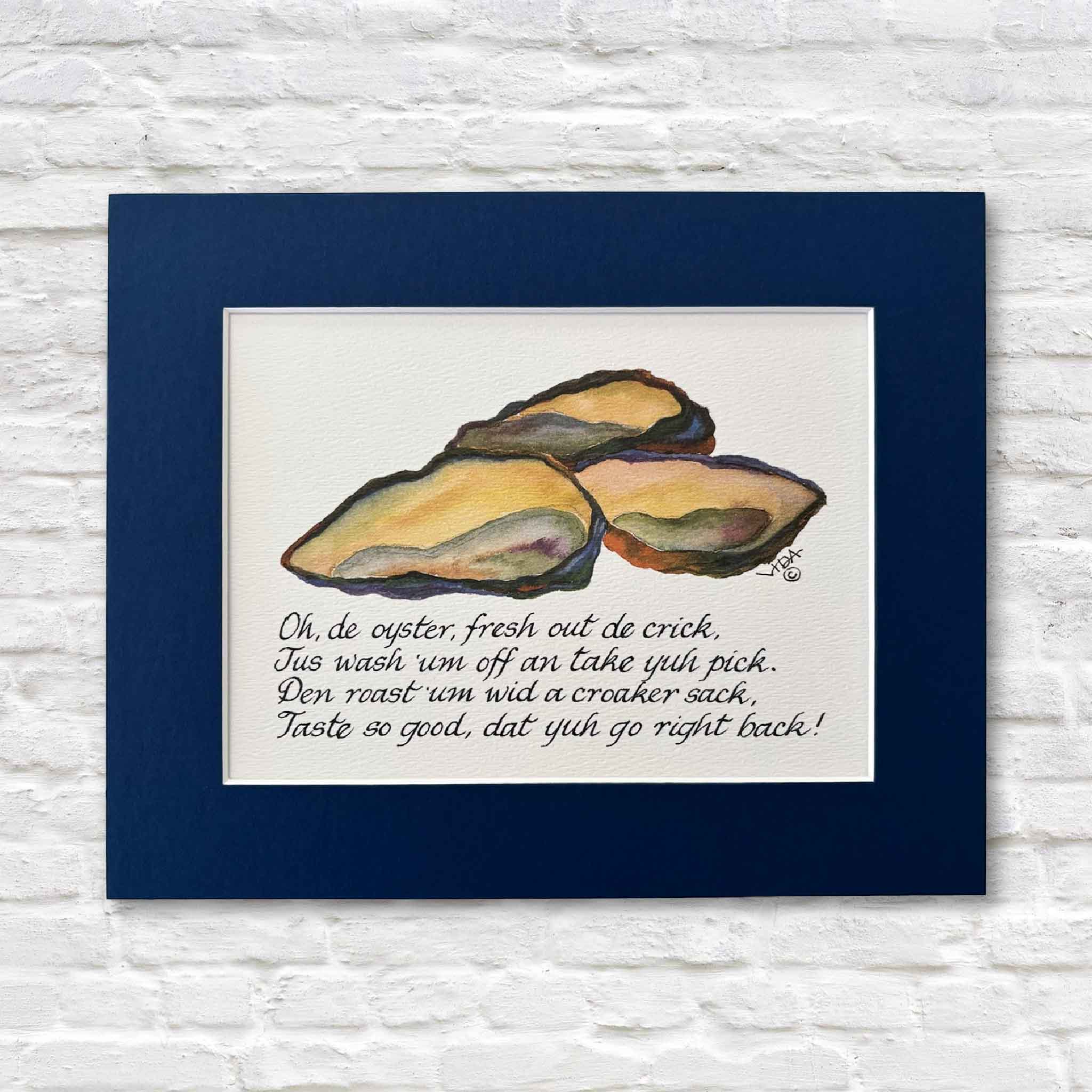 matted artwork by Vida Miller with oyster illustration and text on a white brick wall background