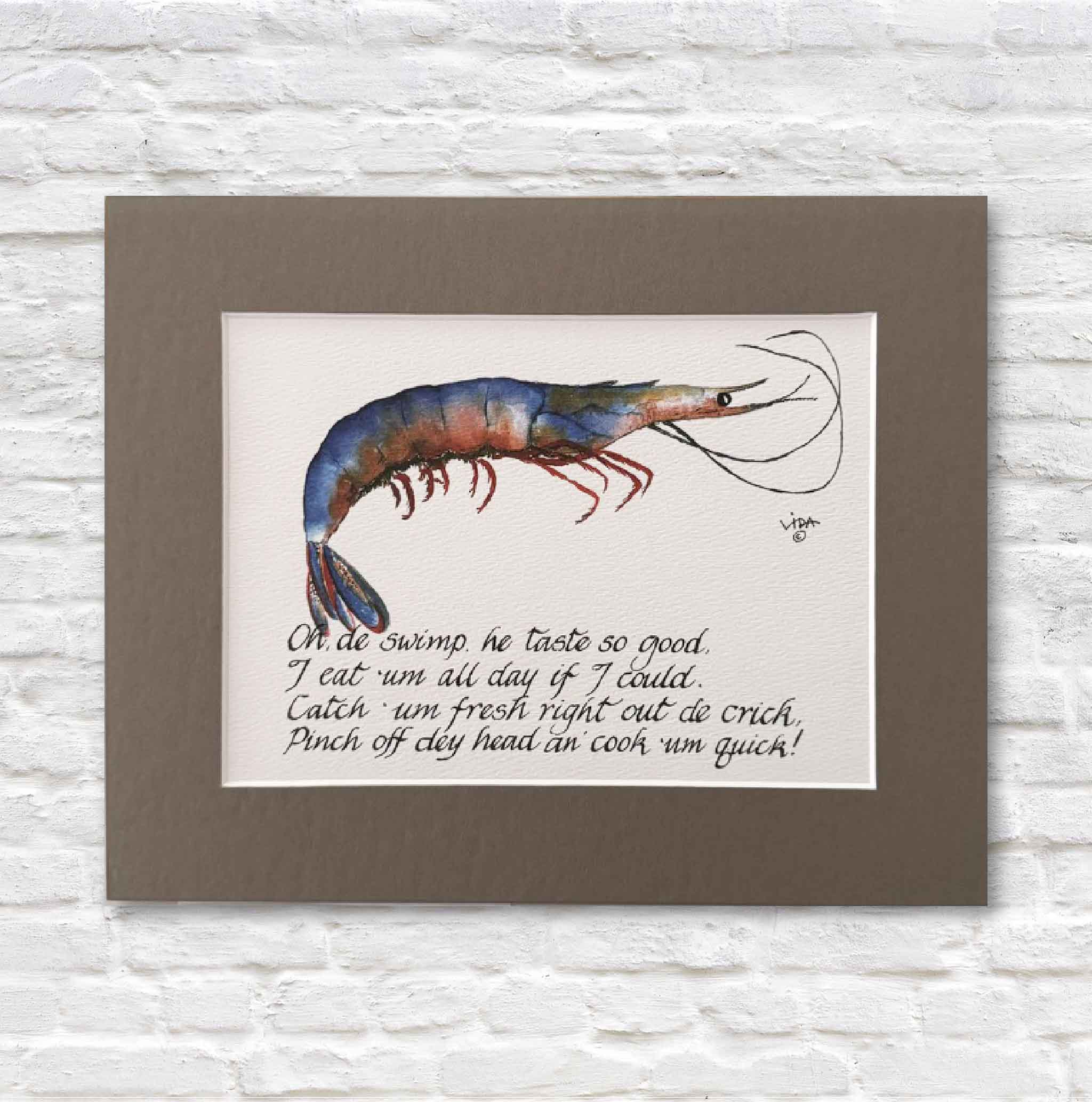 matted artwork of a shrimp with text on a white brick wall background
