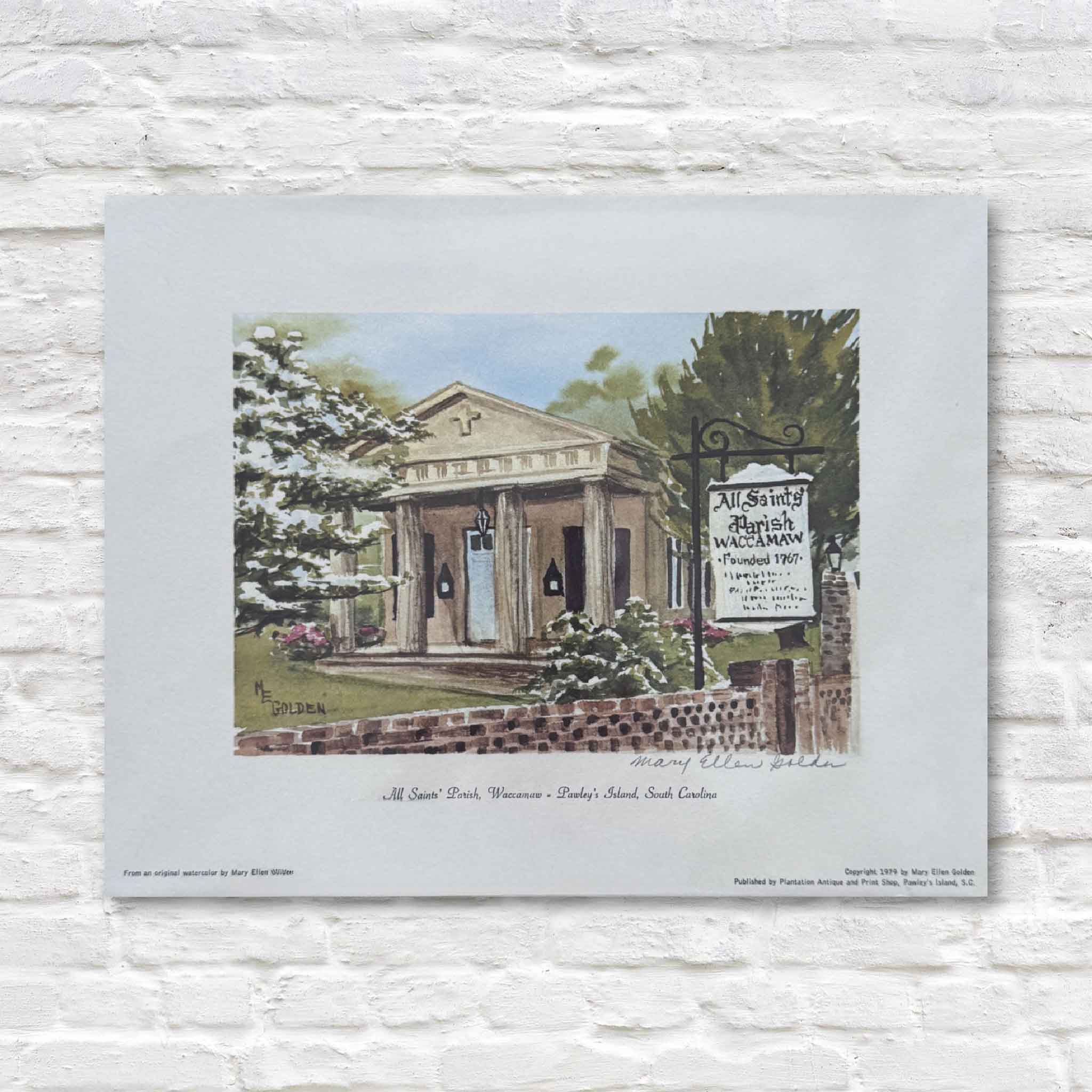 Print of a the All Saints Parish church on a white brick wall