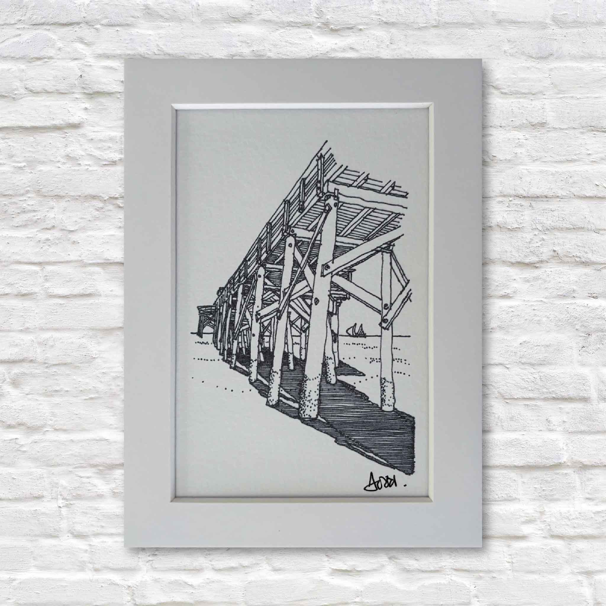 black and white drawing of a wooden pier on a textured white wall.