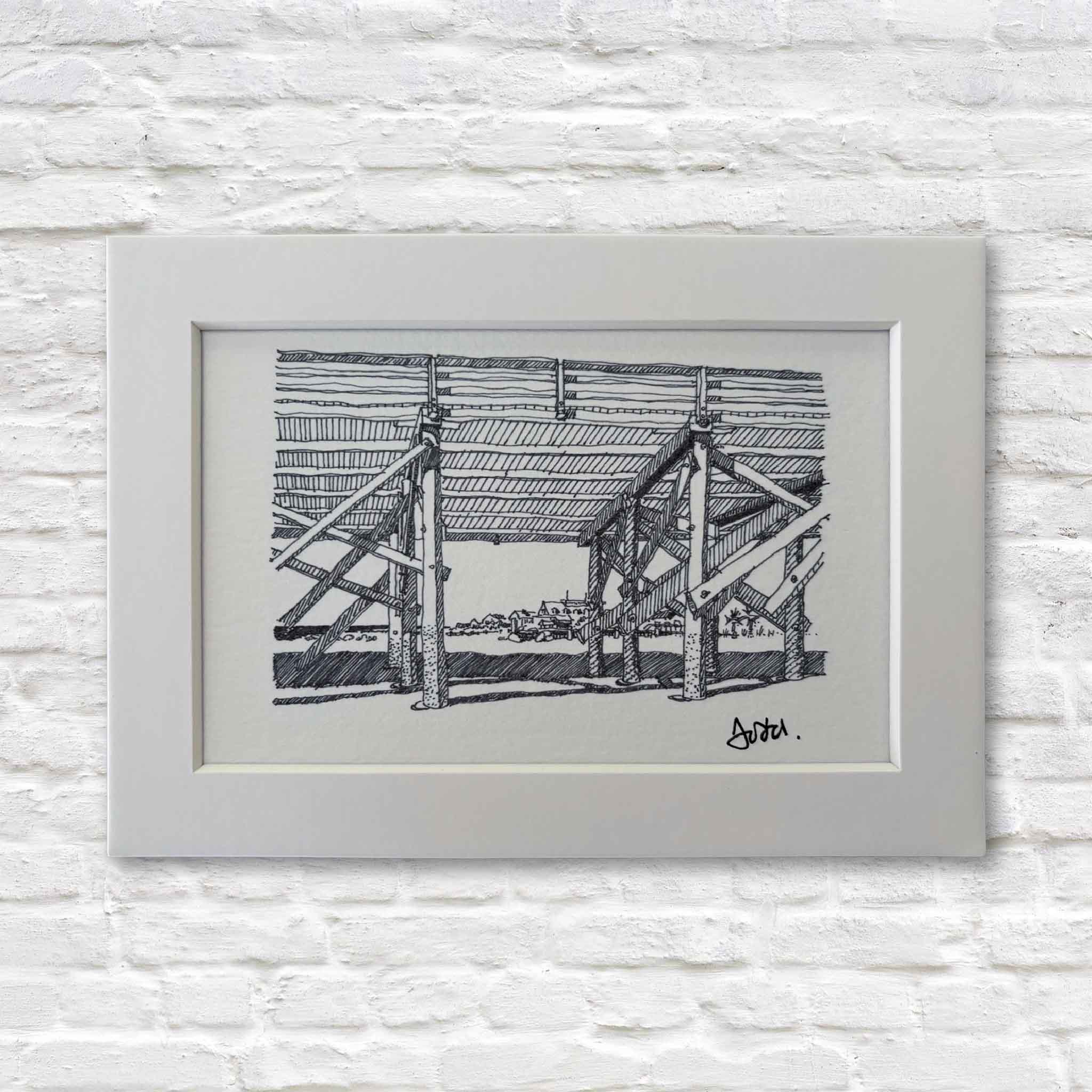 black and white drawing of a wooden structure on a textured white wall.