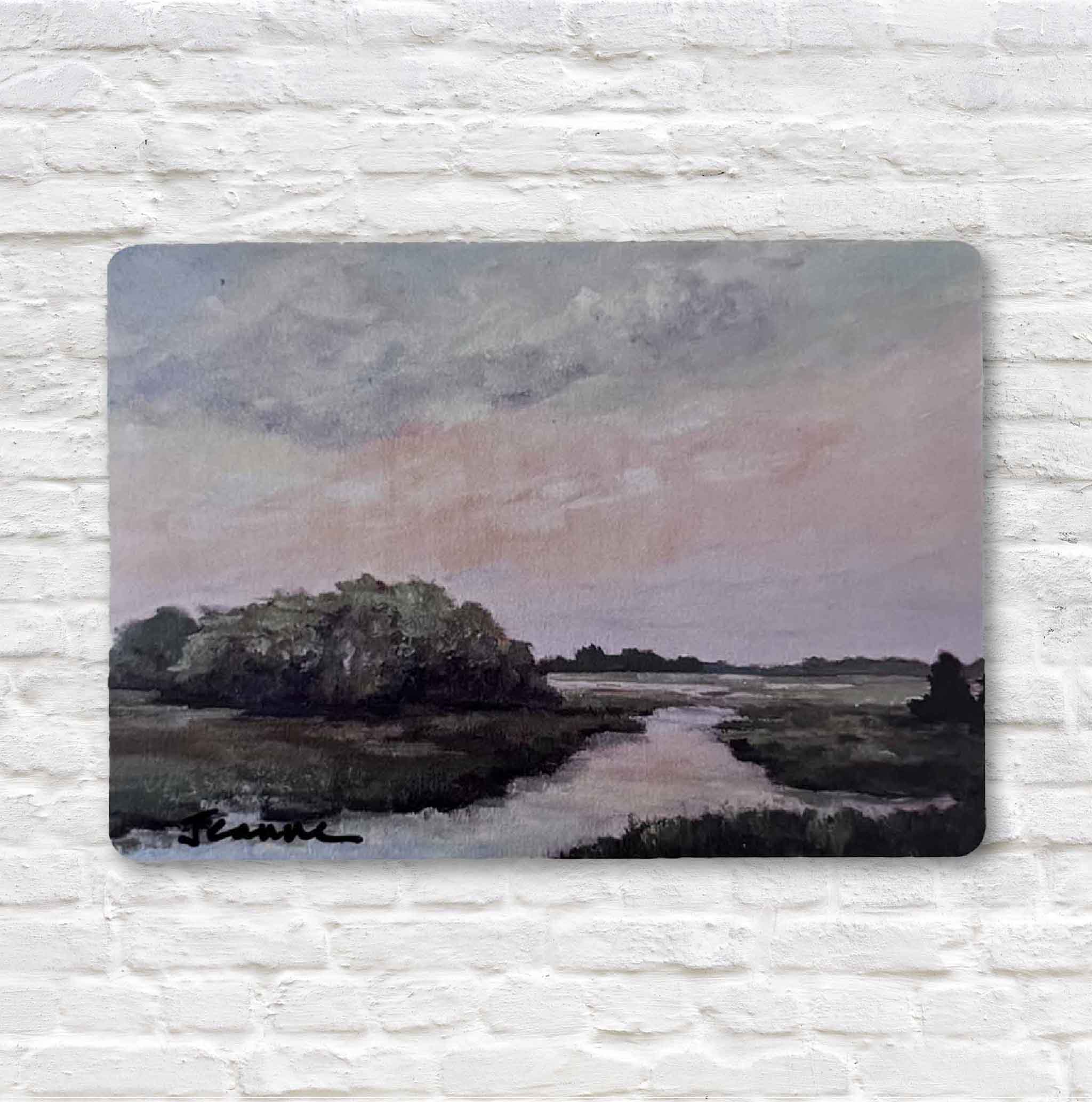 Artistic depiction of a landscape with a river and rocky outcrop on a textured white background