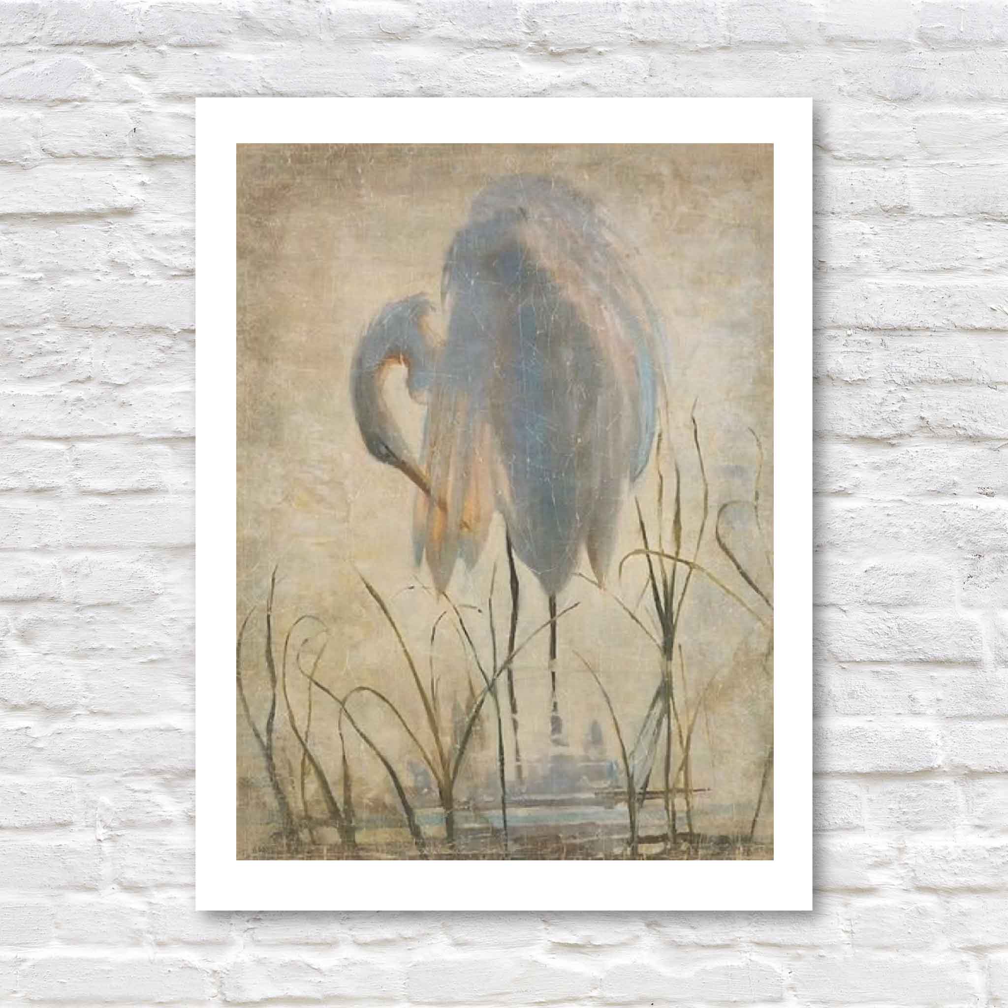Delicate, muted painting of an egret standing among tall marsh grasses, its head tucked gracefully into its feathers