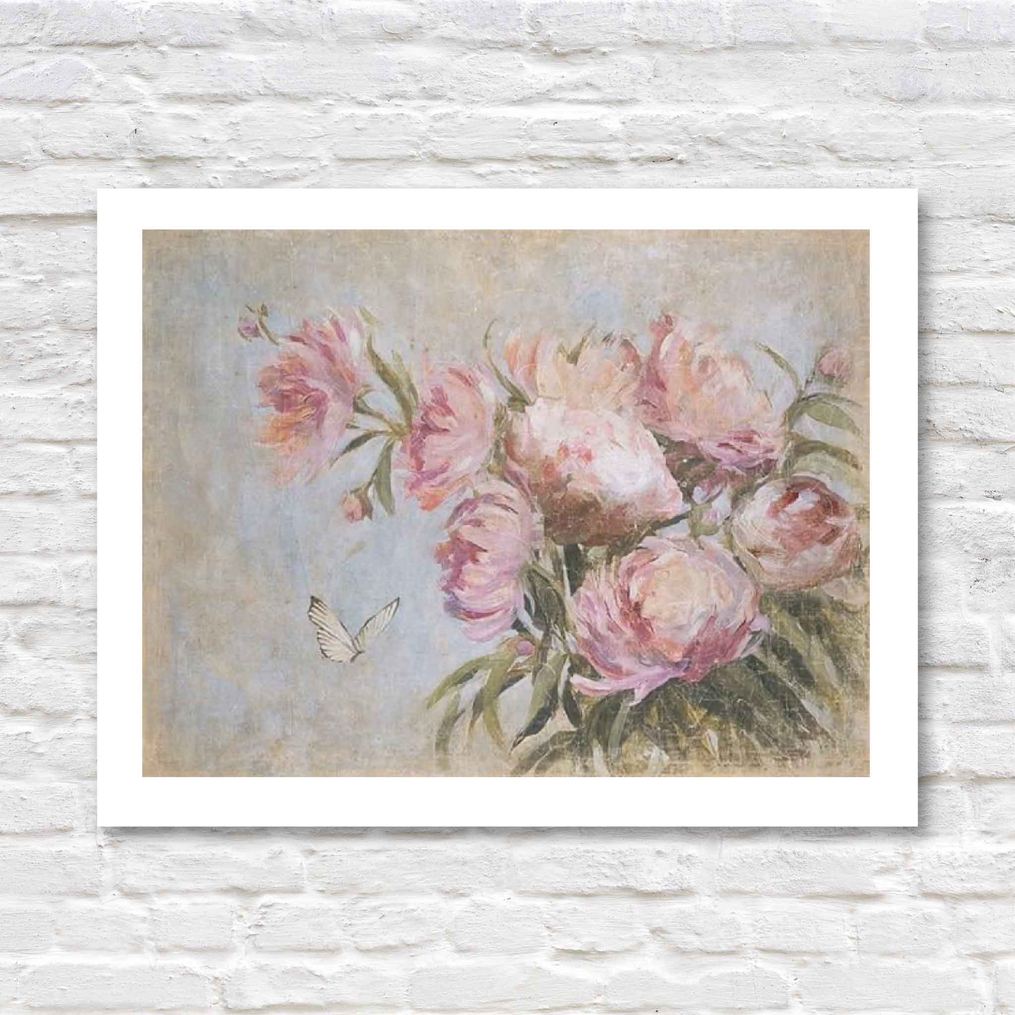 Soft, romantic painting of pale pink peonies against a muted blue background, with a small white butterfly fluttering nearby.