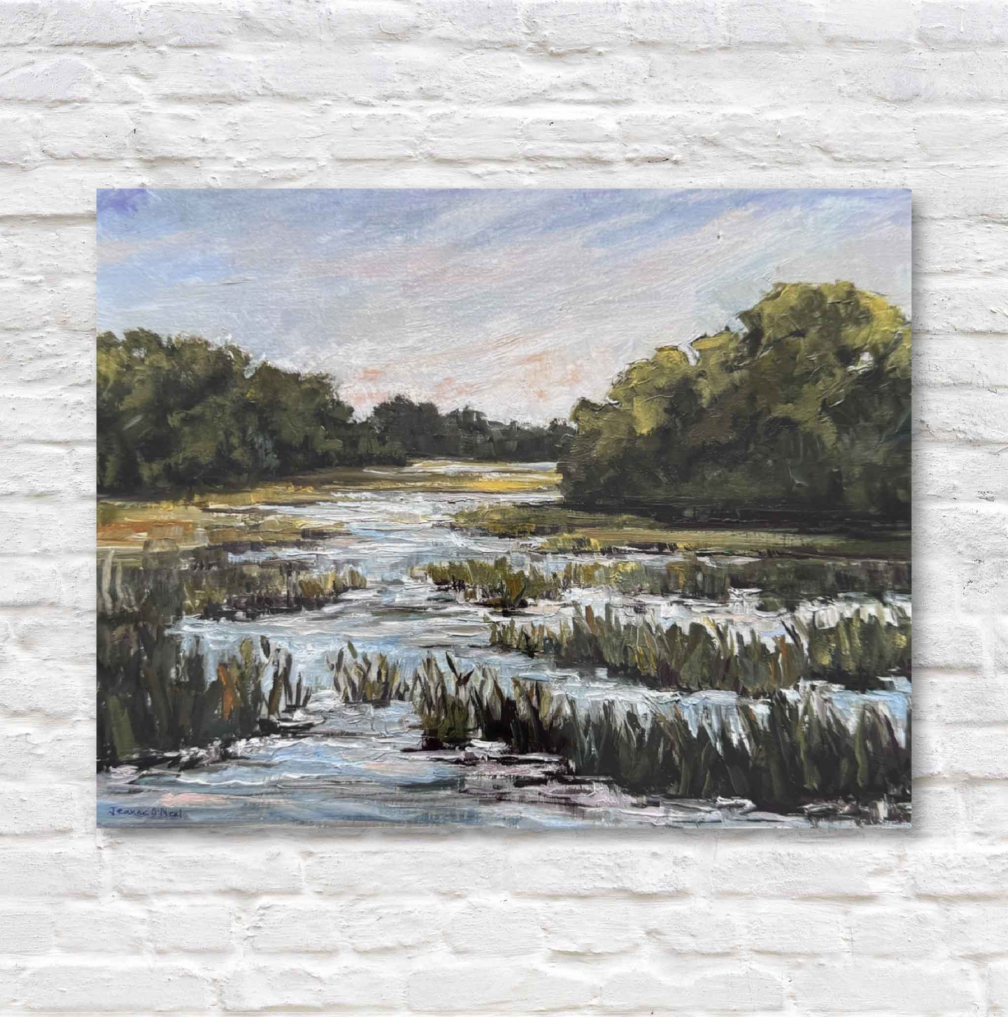 Painting of a landscape with water and trees on a textured white wall.