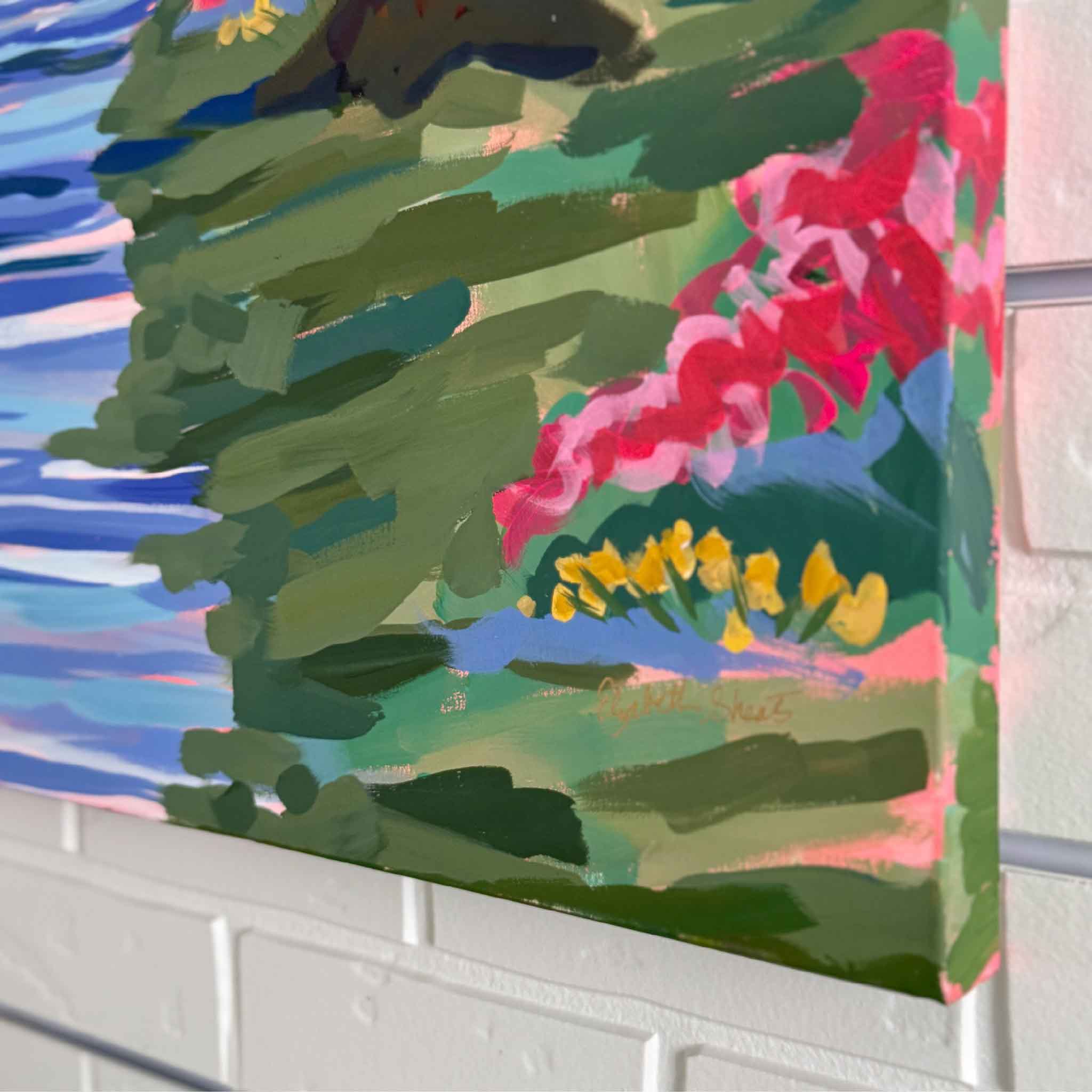 vibrant acrylic painting by Elizabeth Sheats of Litchfield Plantation against a white brick wall