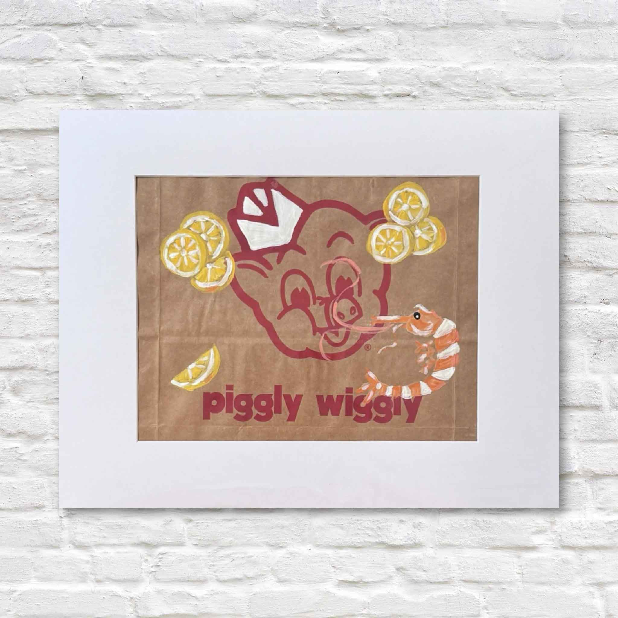 Poster of a cartoon pig with lemons and a worm, labeled 'piggly wiggly', on a textured white background.