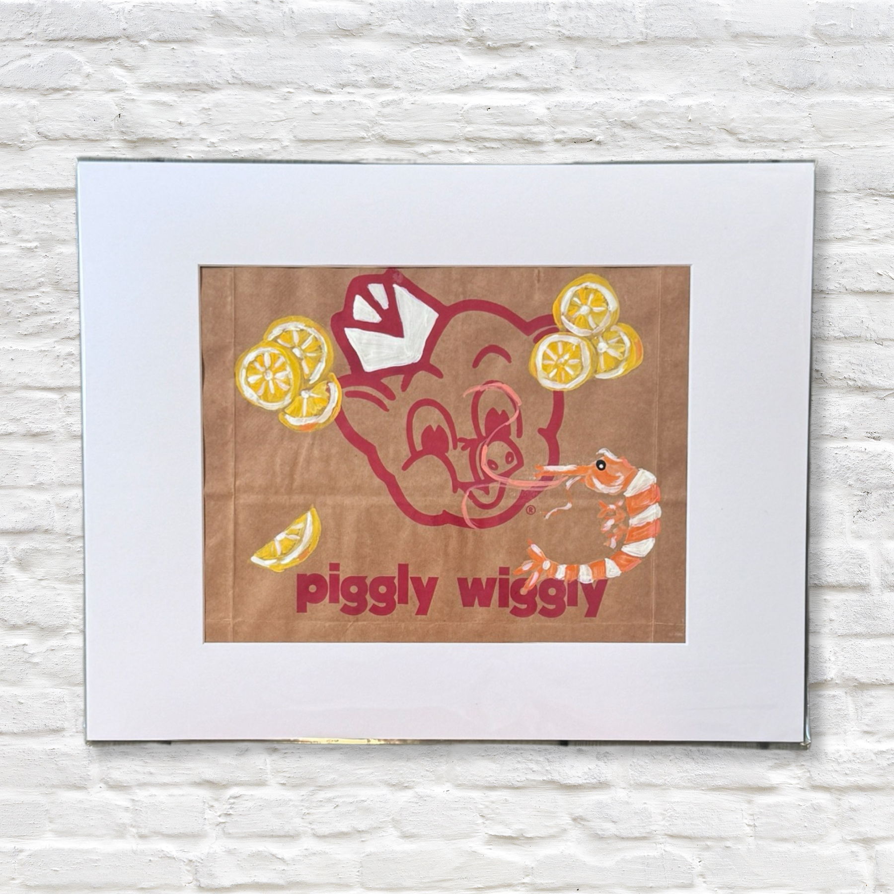 shrimp and lemons painting on piggly wiggly bag