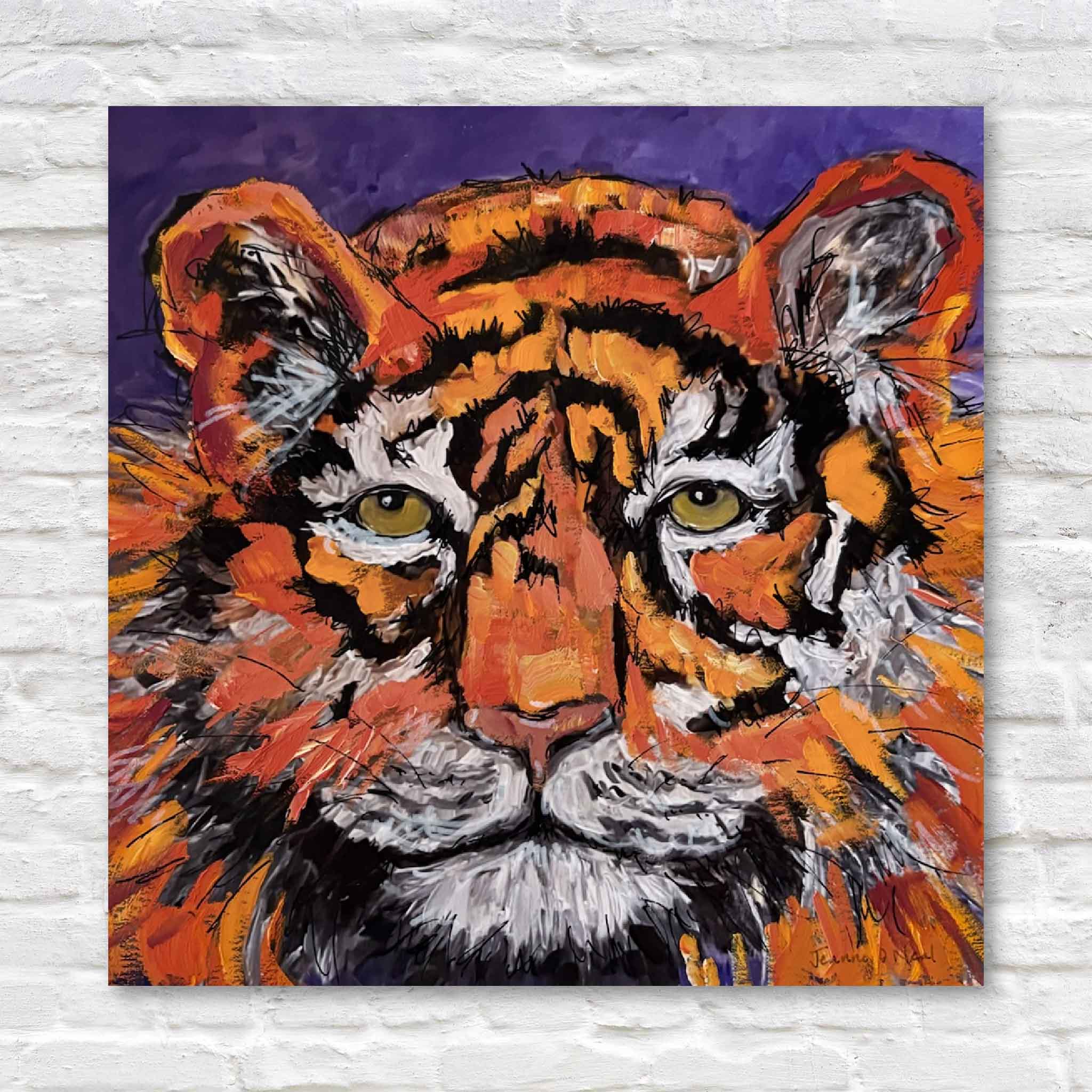 Colorful painting of a Clemson tiger's face on a textured wall.