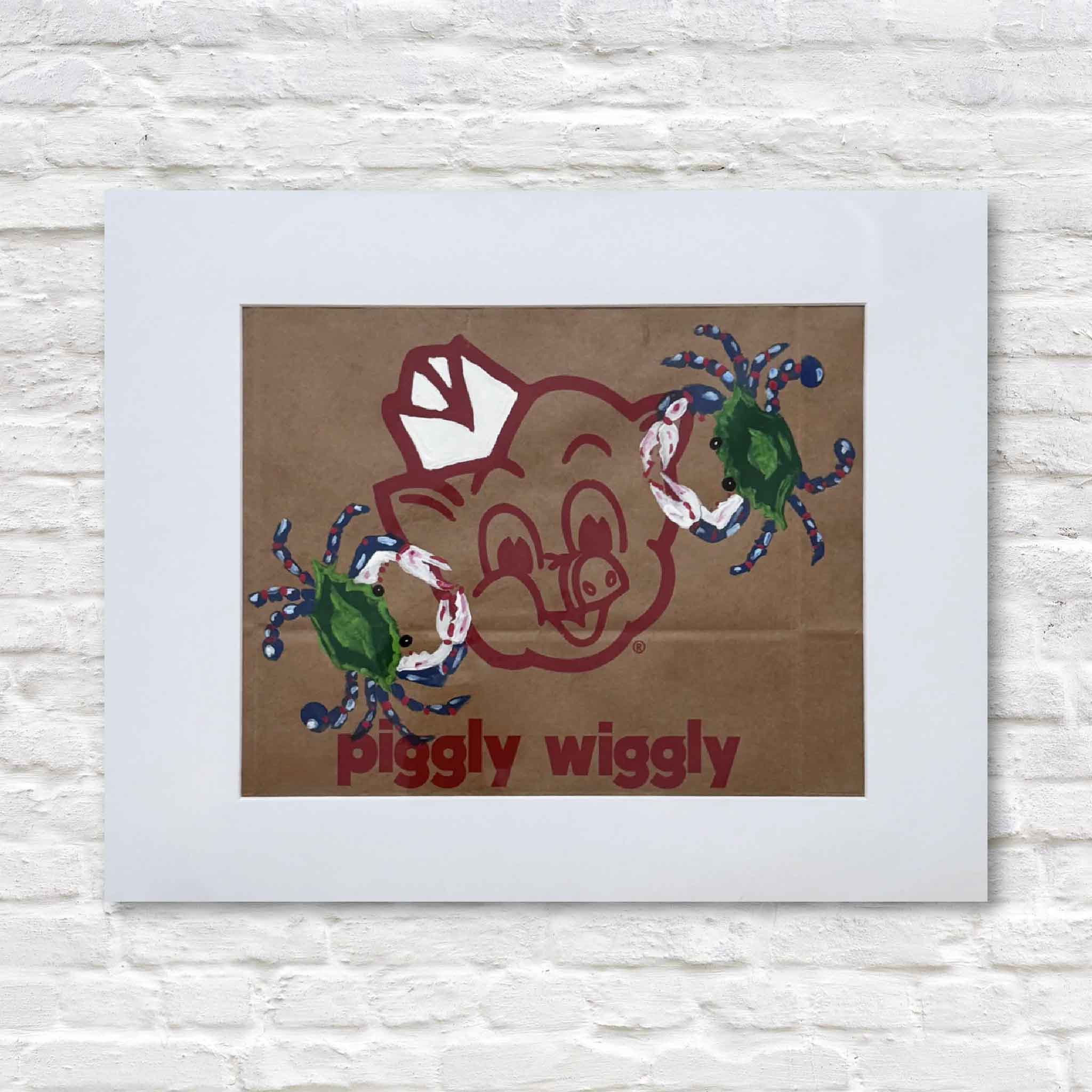 Piggly Wiggly logo with cartoon crabs on a cardboard background