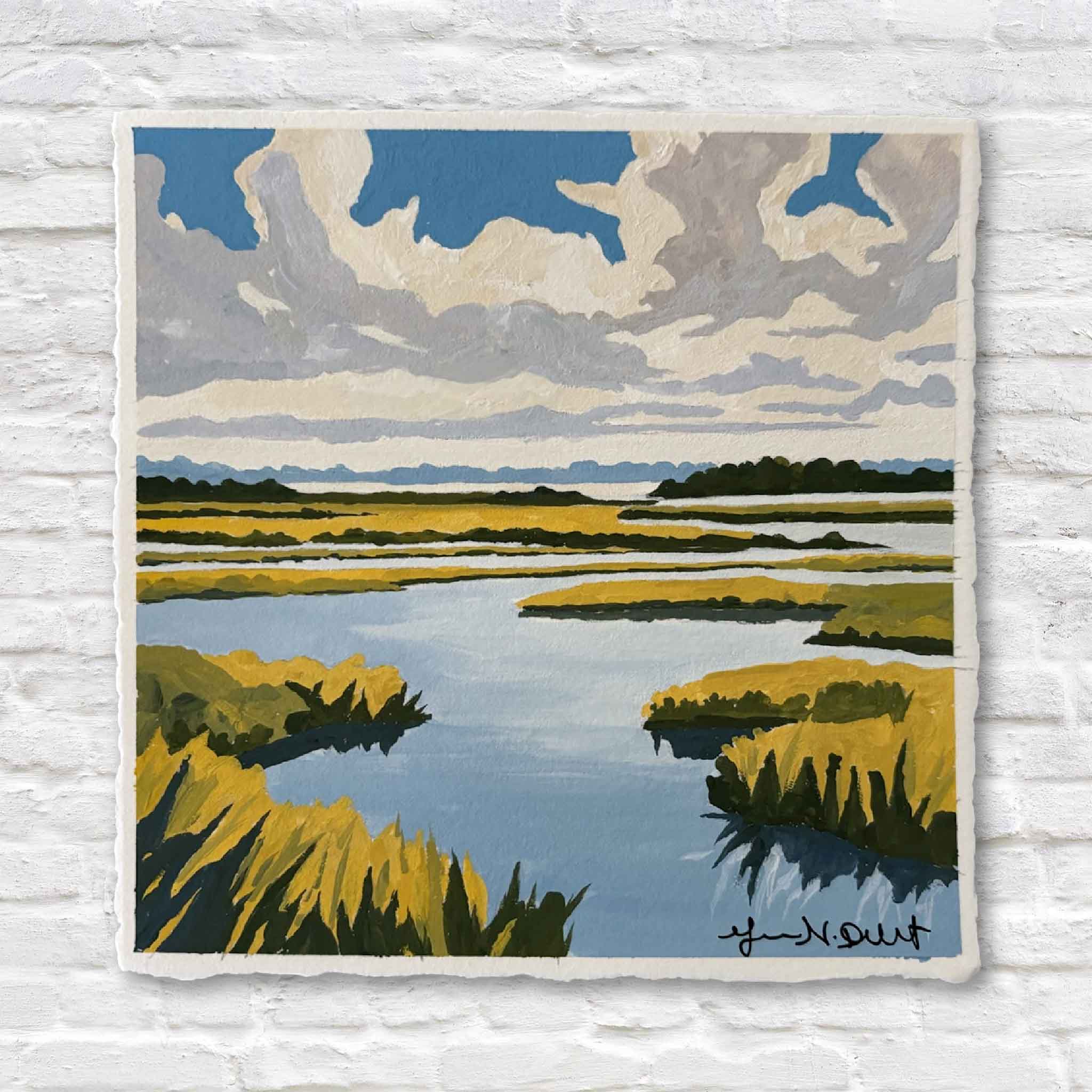 Artistic depiction of a landscape with water, greenery, and blue sky on a textured wall.