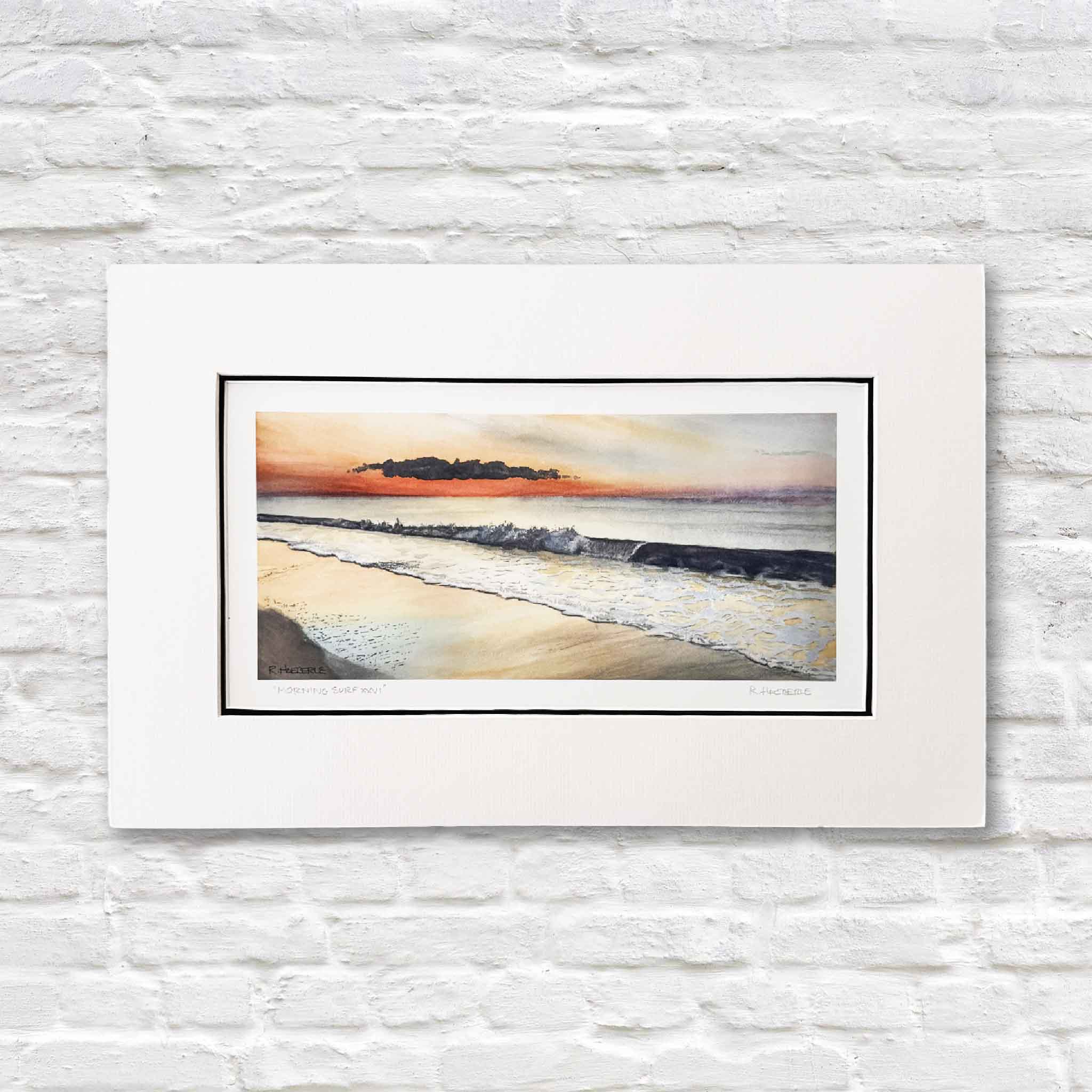print of original art of warm glow of a Lowcountry sunrise as golden light spills across the shoreline beach, with waves
