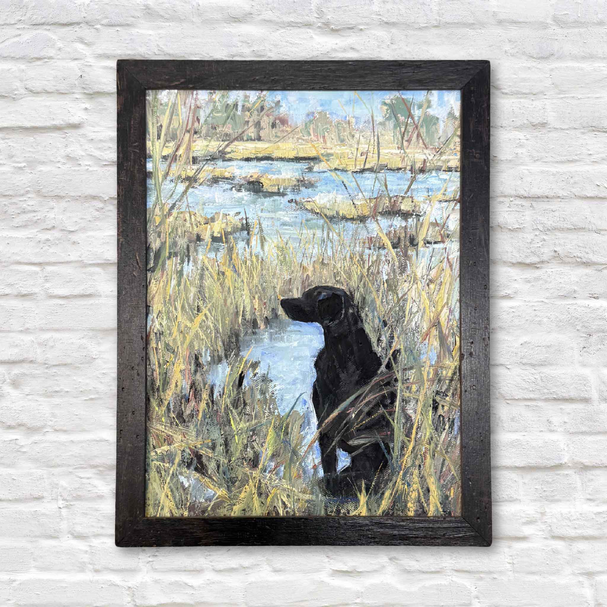 Black lab dog marsh oil painting